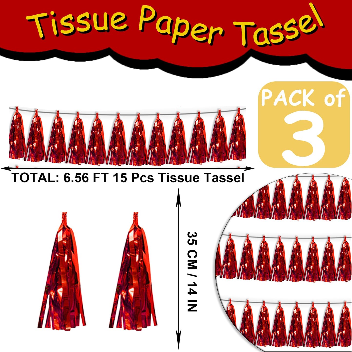 3P Red Tassel Banner Garland Metallic Foil Fringe Banner Tinsel Tassels Streamer Banner Backdrop for Parade Floats, 2025 Graduation Decorations, Wedding Party Decoration