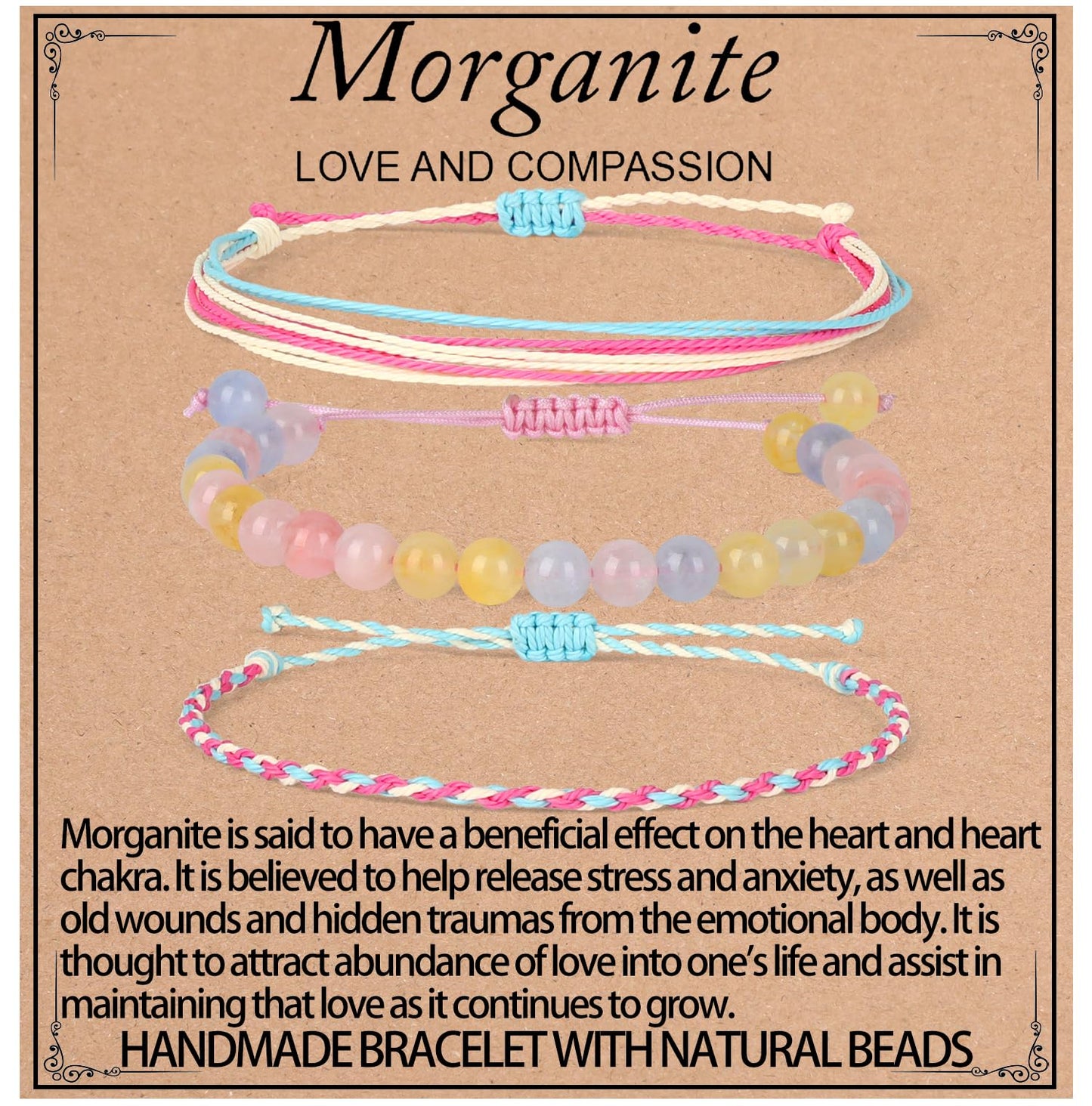 QOGIR Handmade Healing Bracelets,6mm Natural Morganite Gem Stone Beads Bracelet for Men Women Gifts with 2PCS Size Adjustable Rope Bracelets