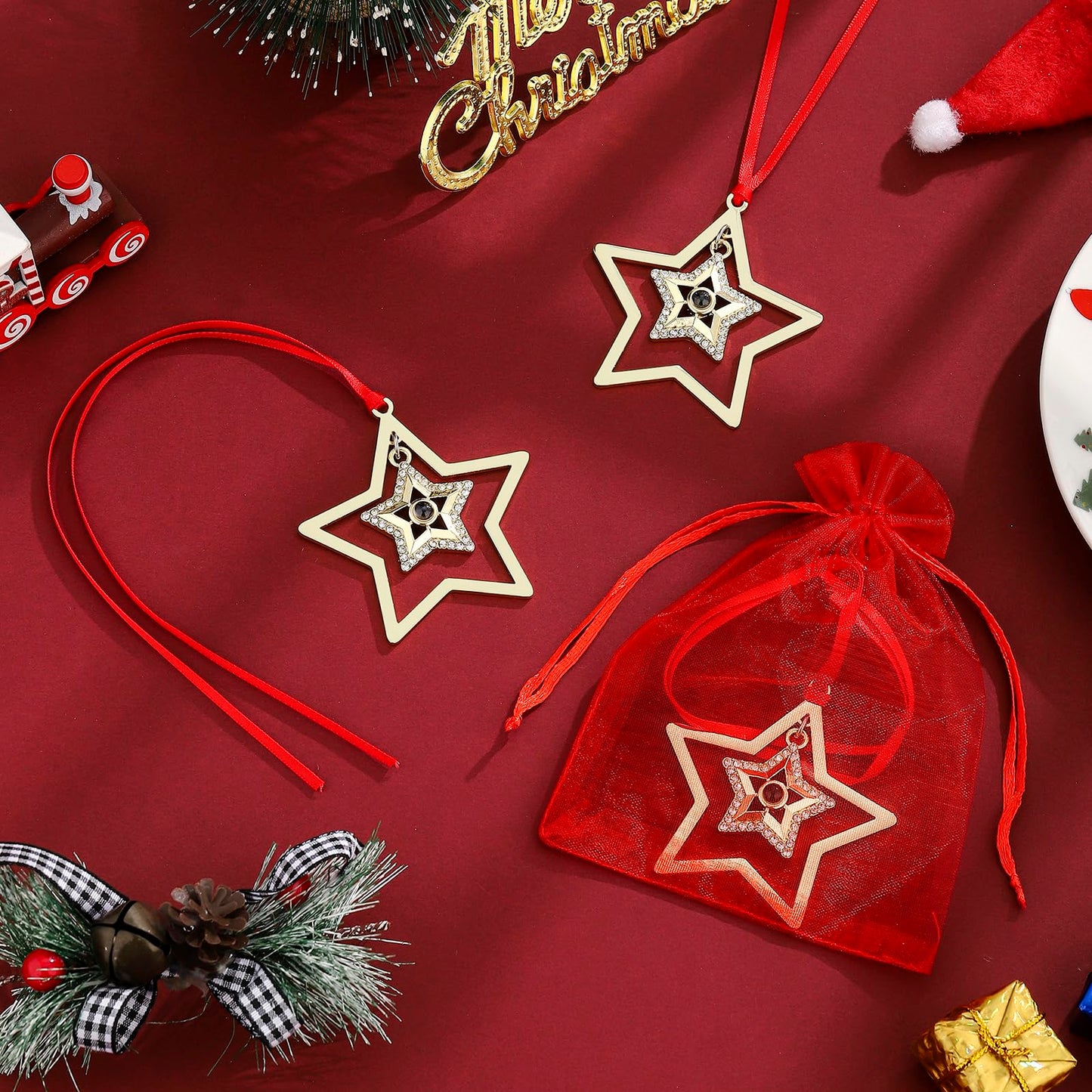 Set of 3 Christmas Hanging Ornaments - Silver Snowflake Star Pawprint Christmas Tree Decor for Xmas Tree Gift Decorative Hanging Ornaments Hanging Pendants (3, Golden Star)