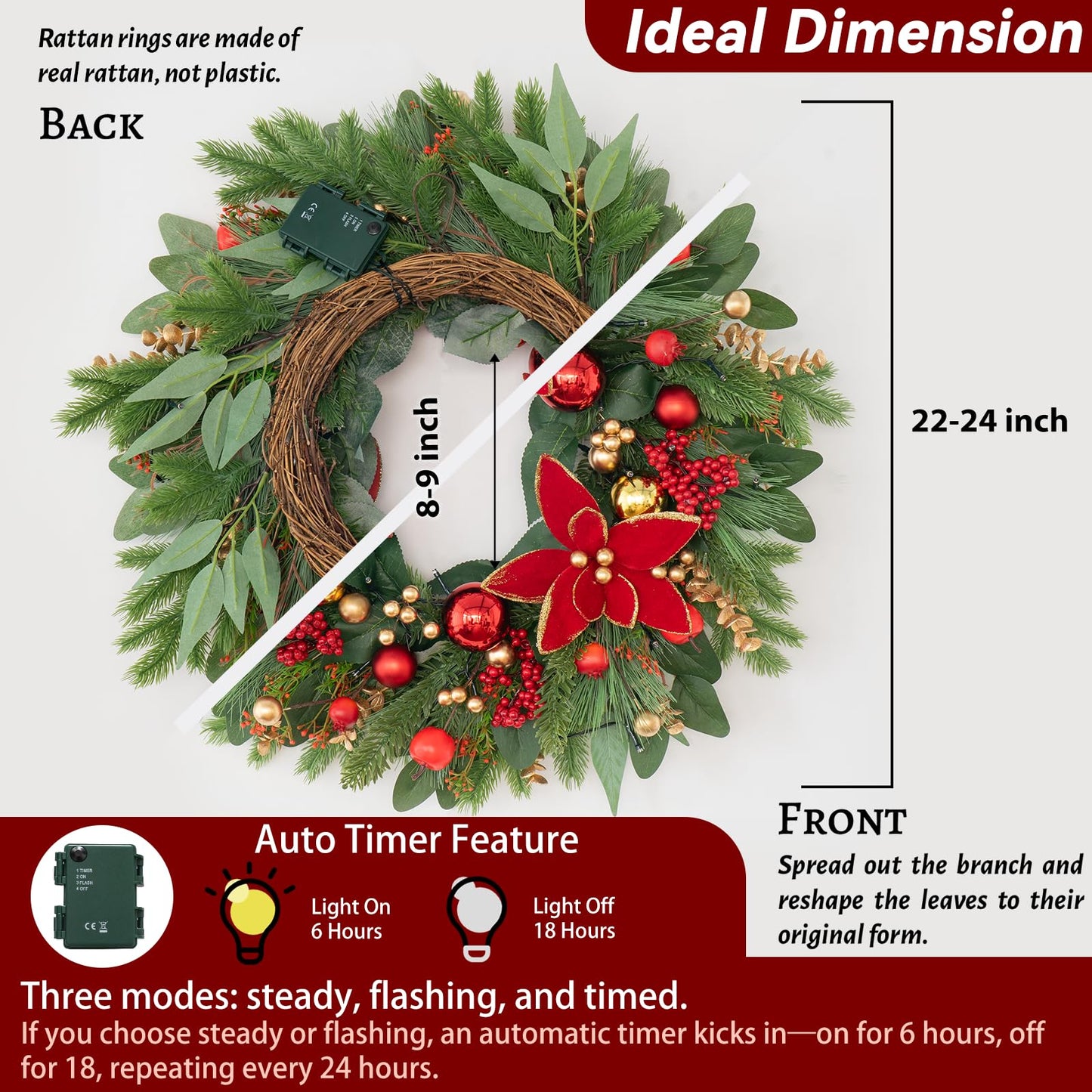Christmas Wreaths for Front Door- 24 Inch Outdoor Prelit Christmas Door Wreath with Lights, Lighted Xmas Wreath with Poinsettia Flowers,Red Berries,Golden Ball- Home Christmas Decorations
