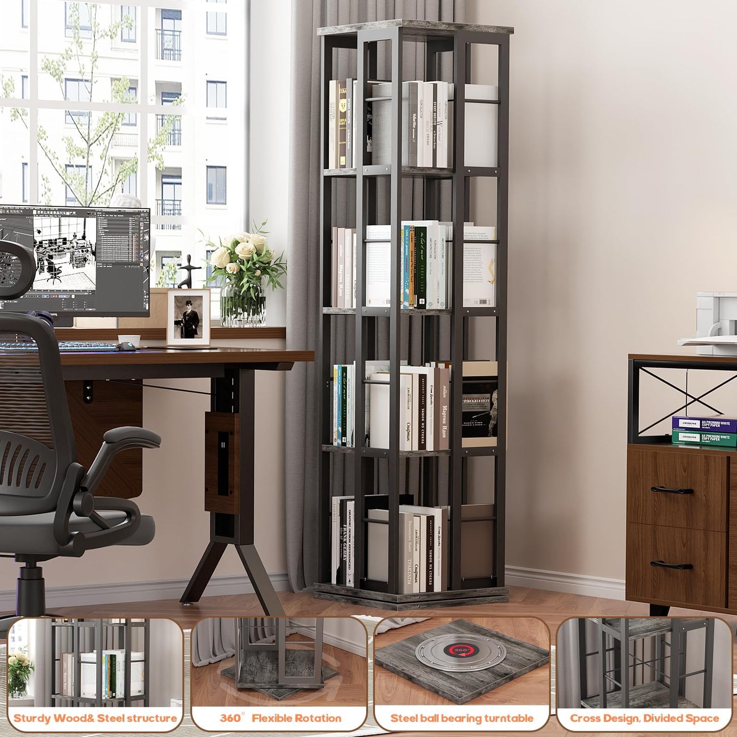 Aheaplus Rotating Bookshelf, 4-Tier Corner Bookshelf, 360 Display Wood Spinning Bookshelf, Floor Standing Bookcase Narrow Shelf Revolving Organizer Storage Rack for Small Space, Grey Oak