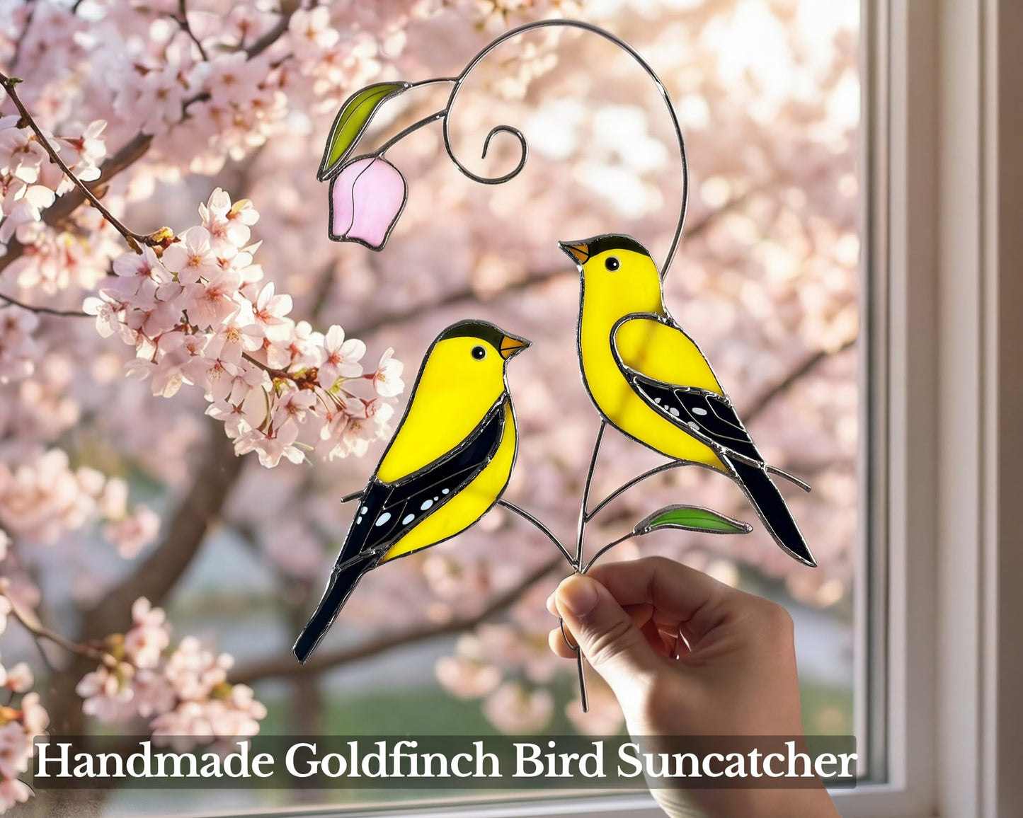 Iricrist Goldfinch (1 Pair) Stained Glass Birds Suncatcher for Mom, Grandma, Women - Real Glass Window Hanging Ornament - Handmade Bird Lover Home Decor (Gifts Ready Packaging)