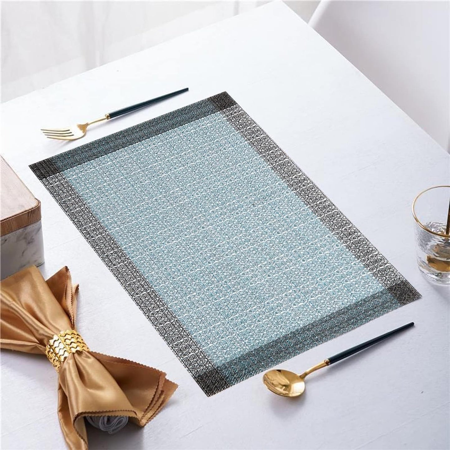 Niviy Blue Grey Ethnic Boho Placemats Set of 4, 12x18 Inch Linen Burlap Washable Durable Art Table Mats for Holiday Party Kitchen Dining Room Decoration