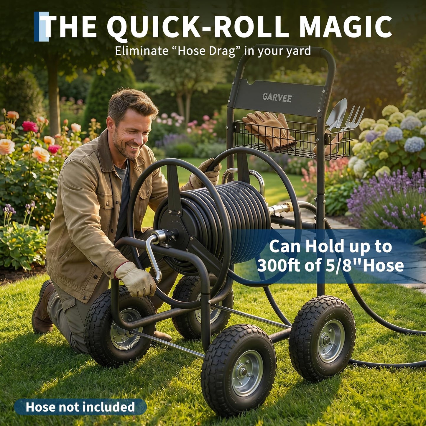 Garvee Garden Hose Reel Cart with Wheels, Hold Up to 300 ft of 5/8’’ Hose, Heavy Duty Water Hose Reel with Storage Basket, 4 Large Pneumatic Tires, Mobile Outdoor Hose Storage for Garden, Yard, Farm