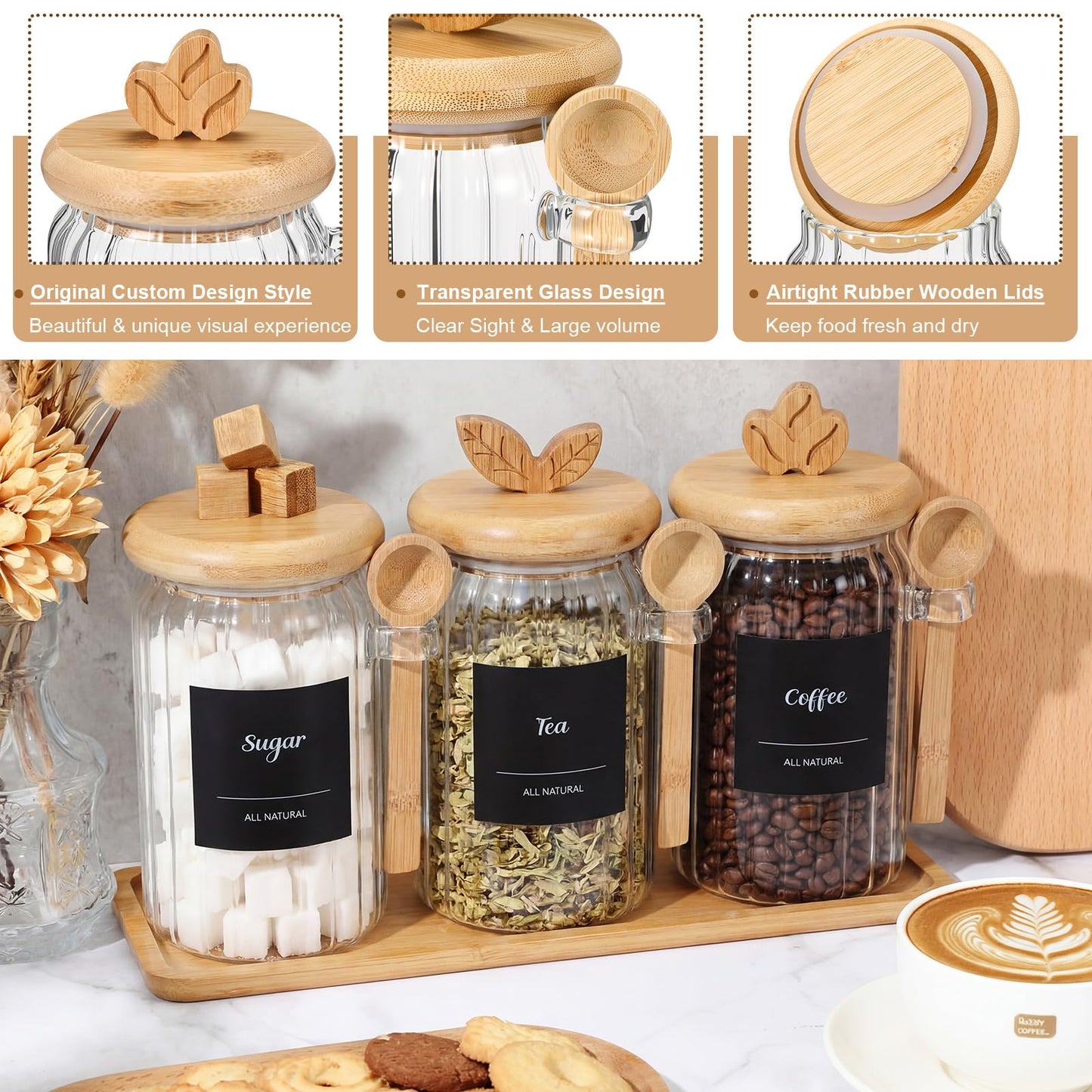 Suclain 3 Pcs Glass Coffee Container with Bamboo Color Lid & Spoon, 25 oz Airtight Glass Jar with Wooden Shelf, Food Storage Containers Coffee Jar Tea Container(Bamboo Color)