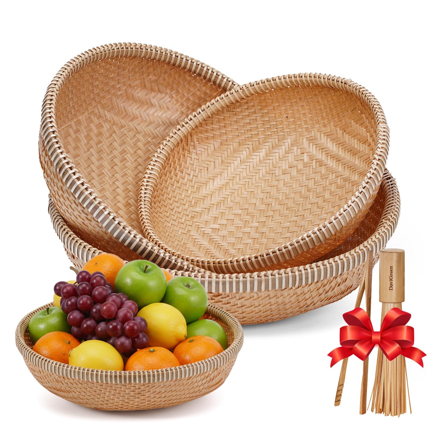 DaviGreen Set of 3 Handwoven Bamboo & Rattan Baskets – Woven Bread Basket & Fruit Bowl for Kitchen Counter, Decorative Wicker Tray for Serving Snacks, Pastries & Table Centerpiece
