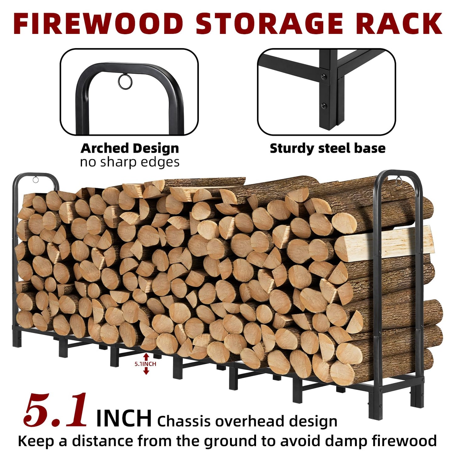 DNKMOR 8FT Firewood Rack Holder,Heavy Duty Firewood Storage Log Rack for Outdoor&Indoor,Fireplace Wood Rack for Wood Storage