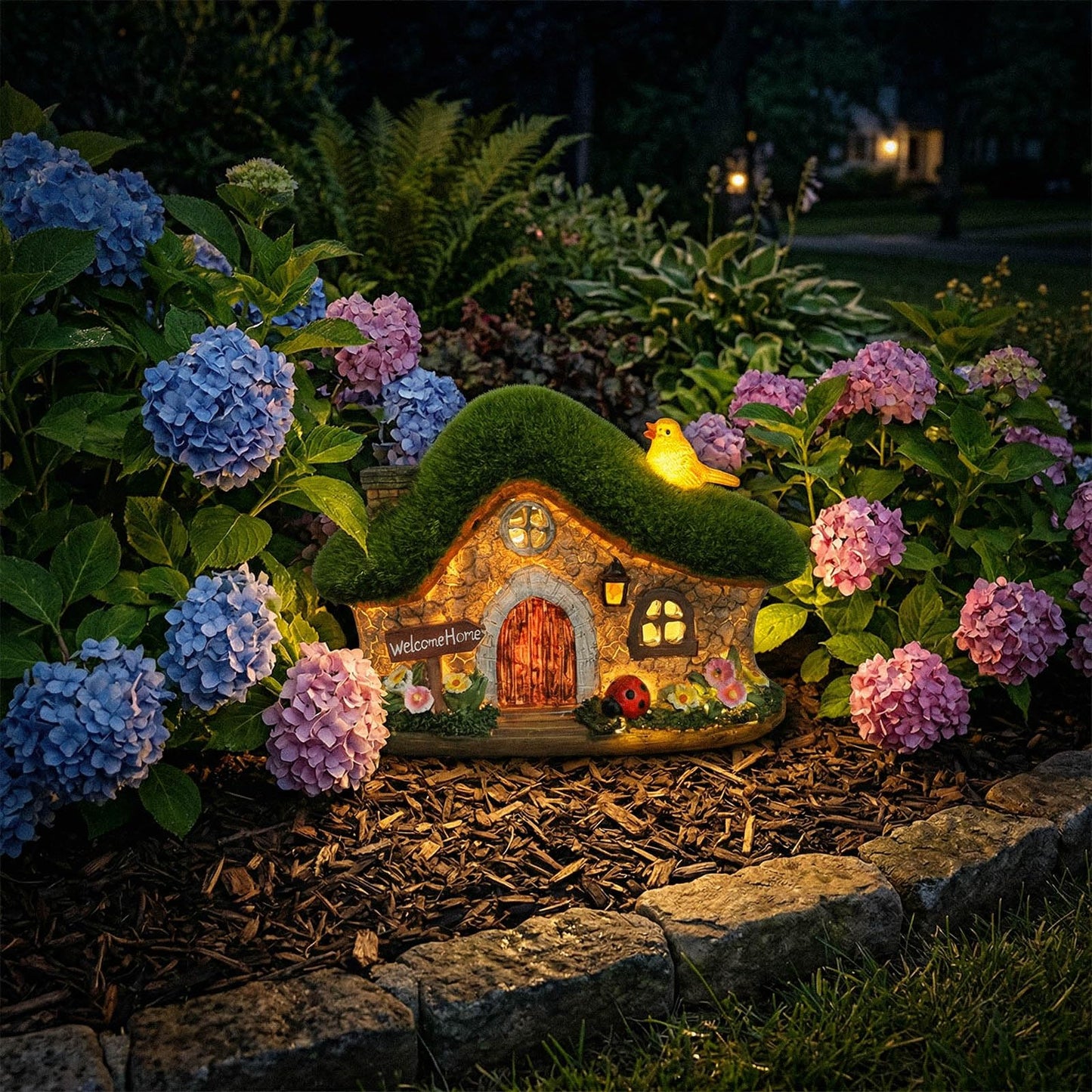 EKQ Resin Fairy House Statues with Solar Lights Outdoor for Garden Decor Funny Birds Ladybird Flocked Fairy House with Garden Figurine Patio Yard Lawn Decorations Gift for Mom Women (Green)