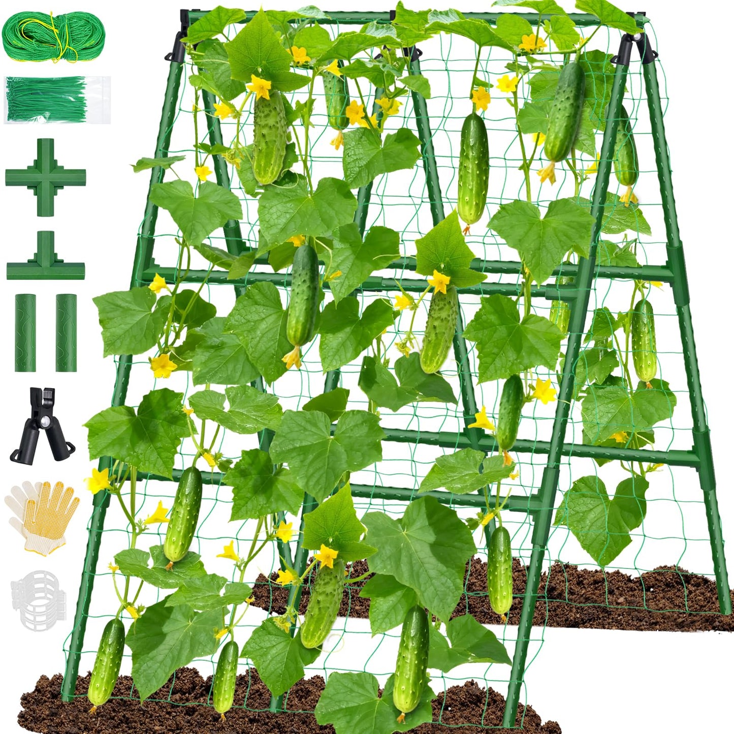 Sunwinx 35x51 Inch Cucumber Trellis for Raised Bed, Adjustable A-Frame Garden Trellis for Climbing Plants Outdoor with Climbing Net, Meal Plant Trellis for Vegetables Pea Bean Tomato Squash Grape