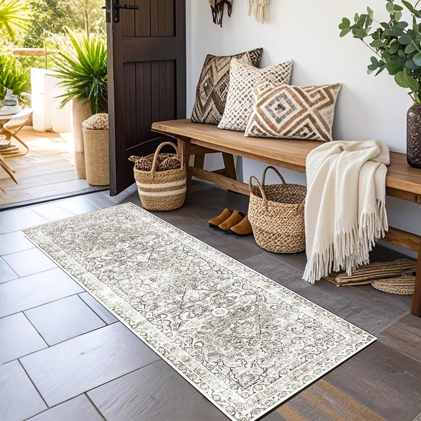 2x6 Hallway Washable Runner Rug : Vintage Soft Kitchen Bathroom Laundry Runner Non Slip Backing Farmhouse Entryway Floor Mat Stain Resistant Carpet for Bedroom Living Room Distressd Beside Rug(Gray)