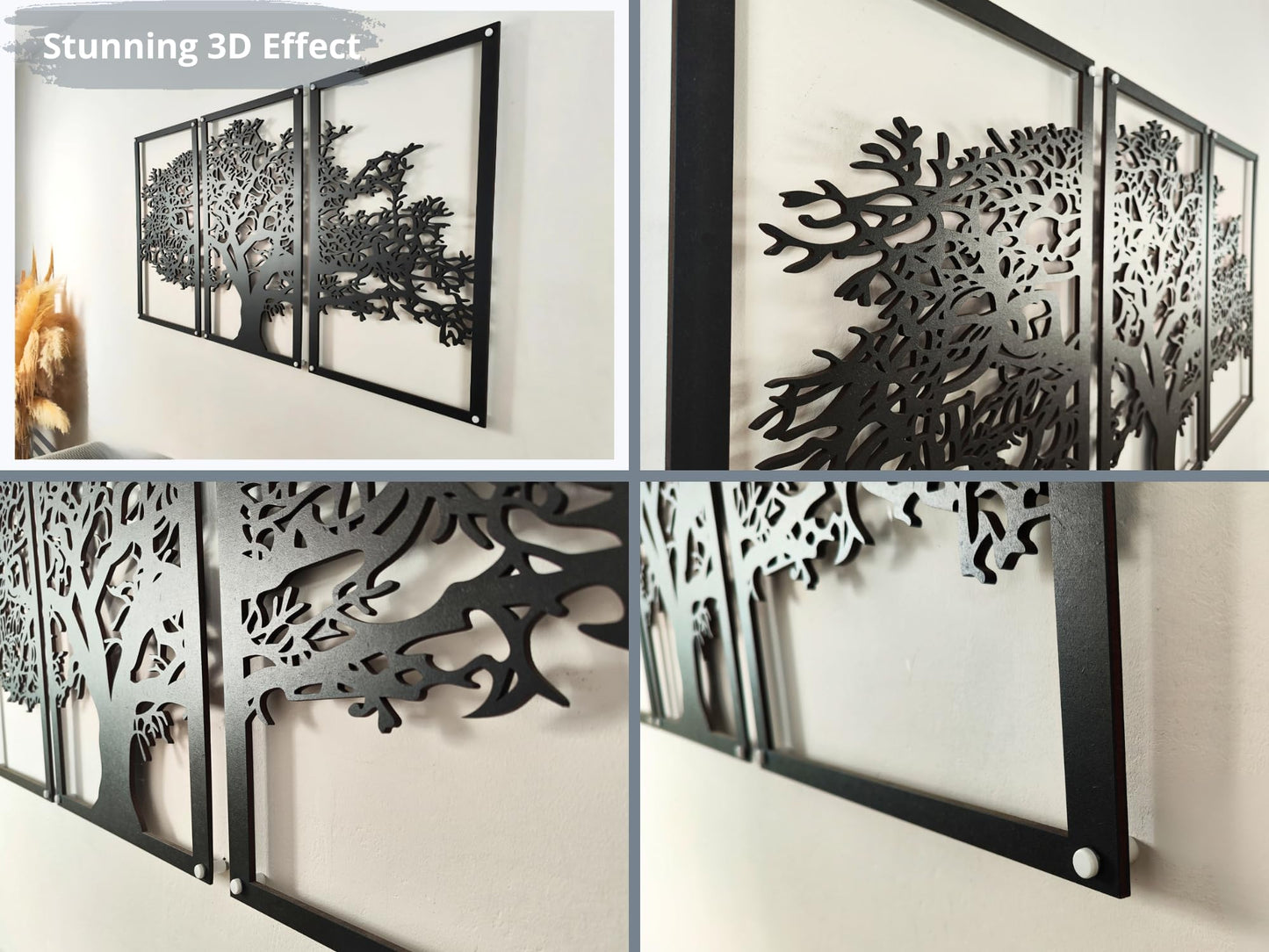 Vailla Tree of Life Wall Art 3pcs Family Tree Wall Decor 3D Wooden Wall Hanging Sculpture Modern Home Decoration 3 Panels Textured Sculptures for Living Room Bedroom Office Dinnig Room