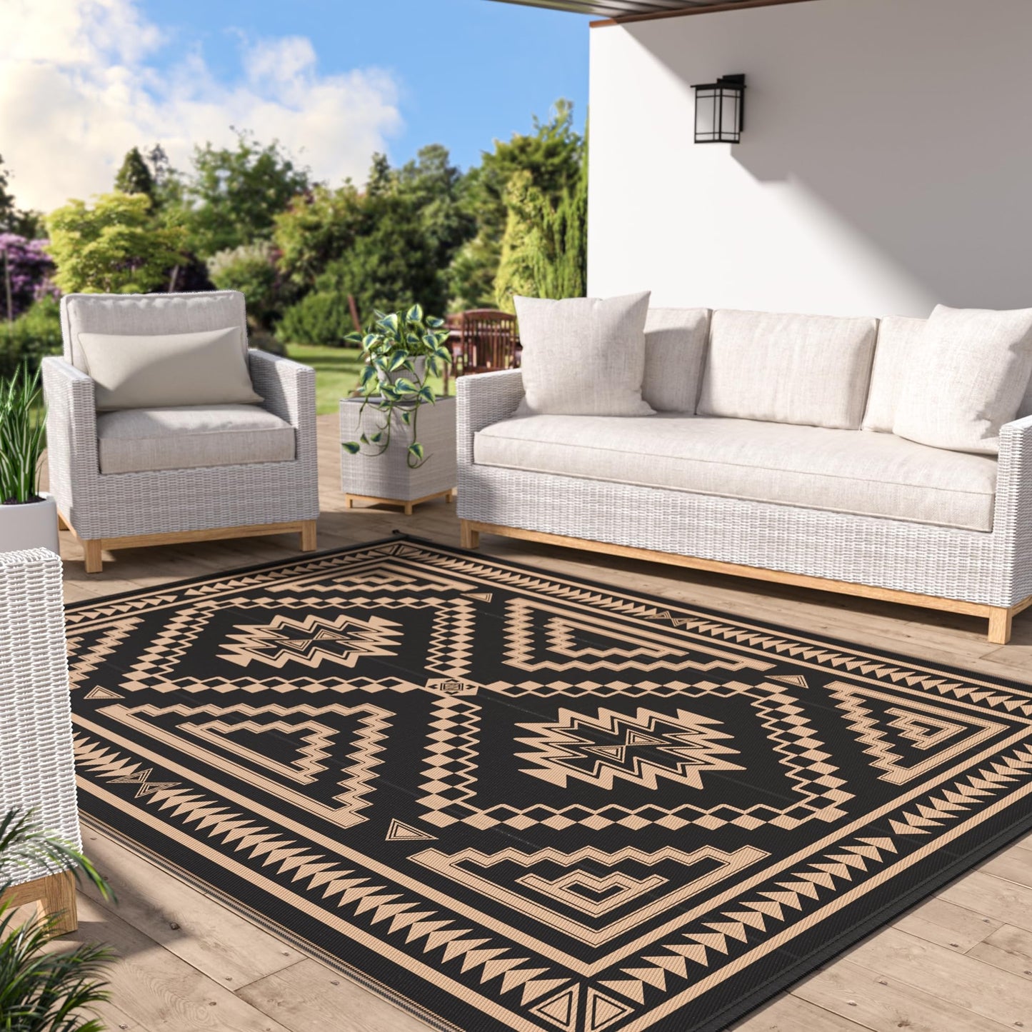 GENIMO Outdoor Rug for Patio Clearance - 5x8 ft Waterproof Plastic Camping Rugs, Reversible Outside Rv Mat Carpet for Porch, Deck, Picnic, Balcony, Beach, Backyard, Black Brown