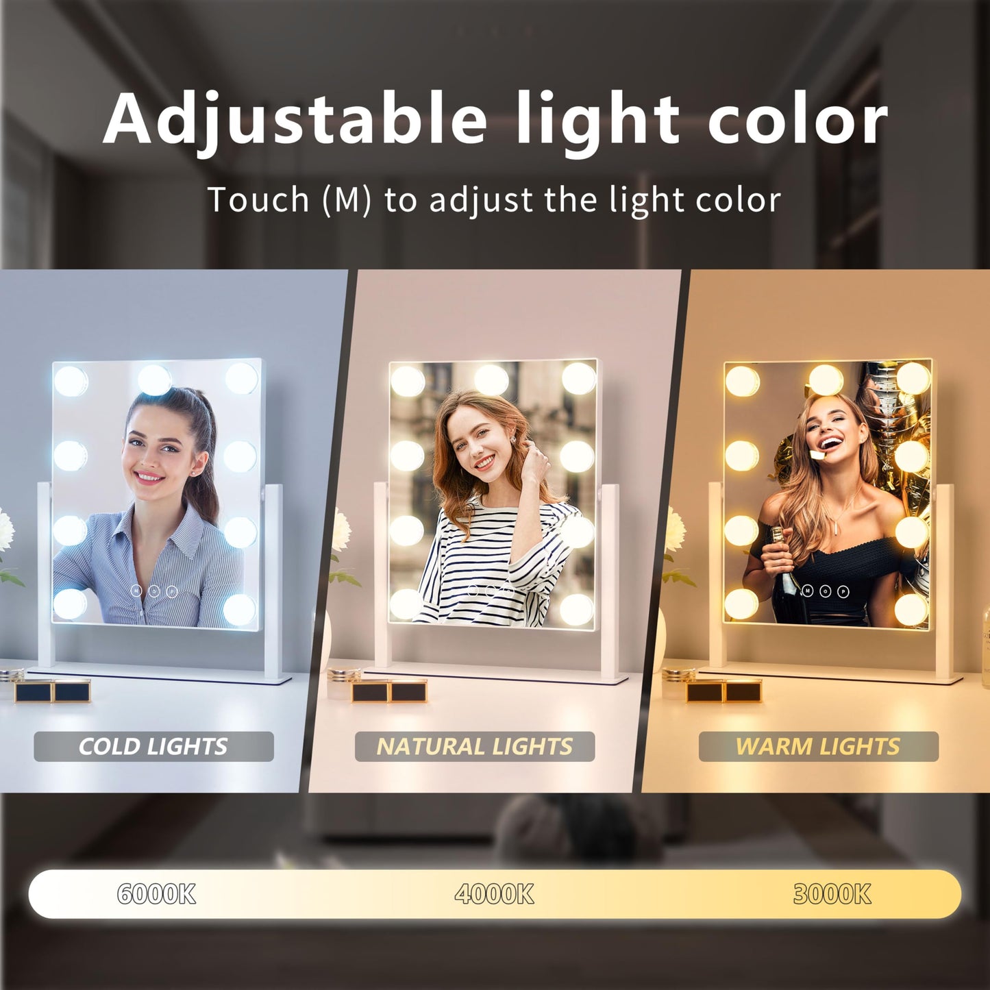 Acoolda Vanity Mirror with Lights, Hollywood Vanity Makeup Mirror with 9 Dimmable LED Bulbs, 3 Color Lighting Modes, Detachable 10X Magnification, 360°Rotation,White
