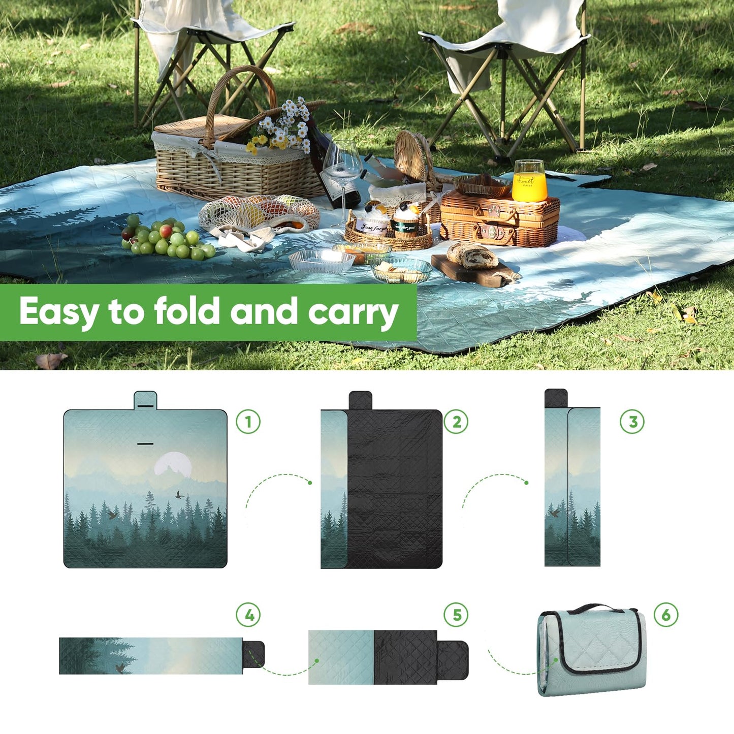 Leisuremix Picnic Blanket Waterproof Extra Large 79”x79” 210D Oxford Outdoor Blanket for Grass Portable Sand Proof Beach Blanket for 6-8 Adults, Morning Forest