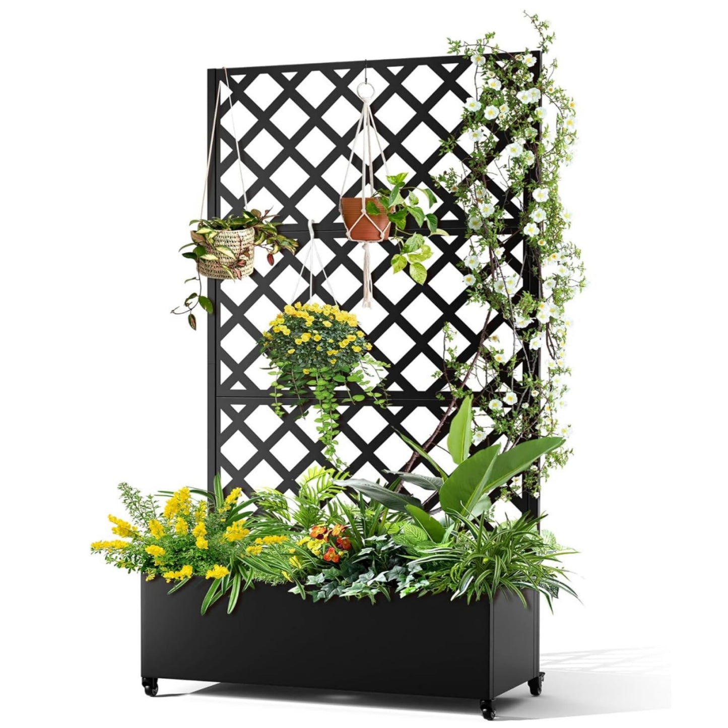 EcoSummer Metal Planter Box, with Diamond Lattice Trellis, 72"x35", Galvanized Raised Garden Bed on Wheels for Climbing Plants, Black