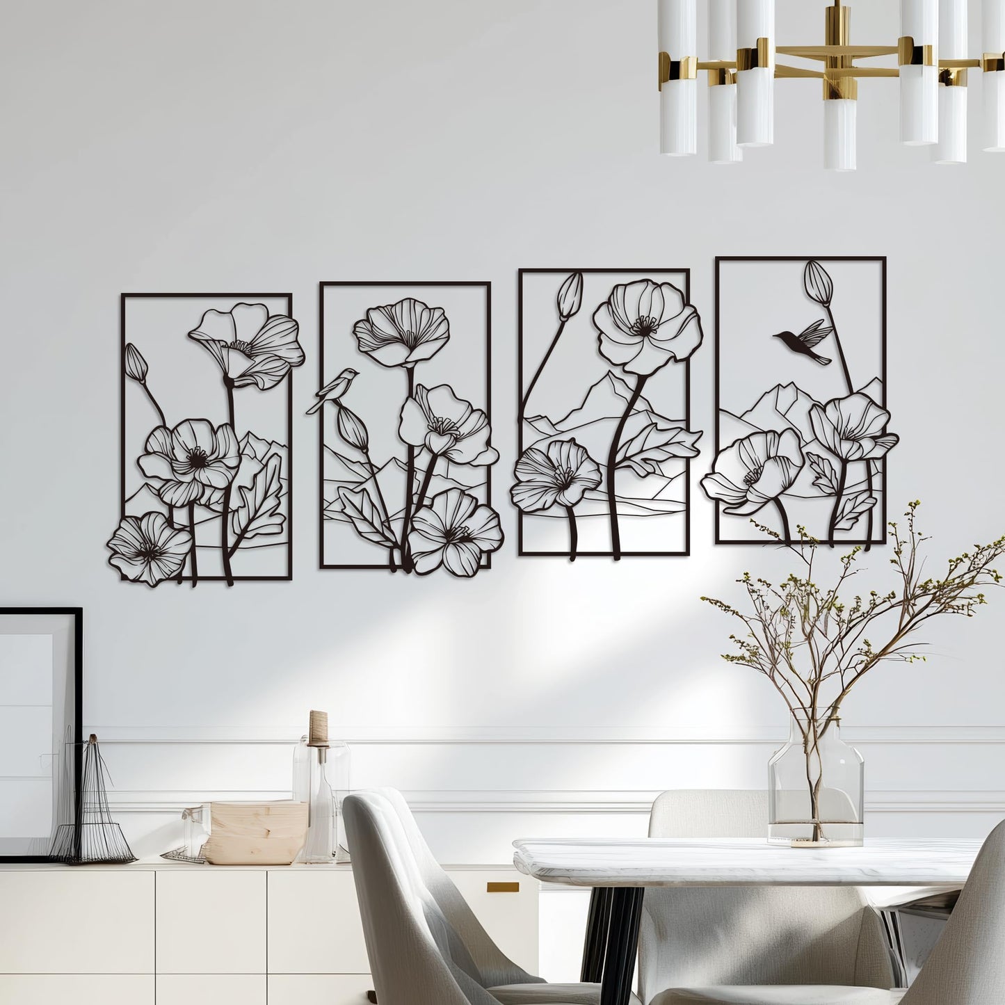 deeinglif Black Metal Wall Art Set of 4, 3D Metal Wall Decor for Living Room Bedroom Bathroom, Abstract Floral Mountain Nature Wall Sculptures, Modern Minimalist Iron Wall Art, 12 x 17 Inch