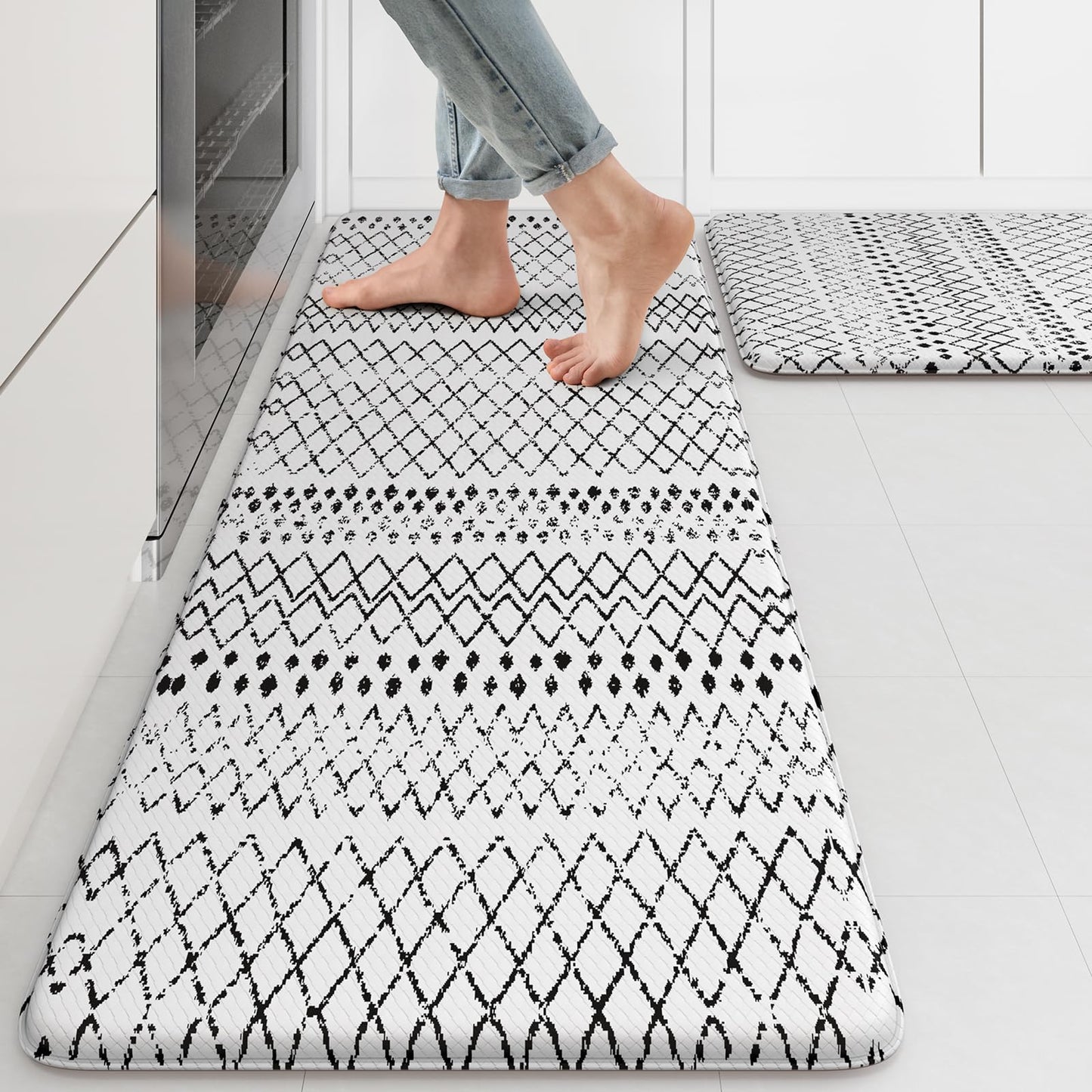 KIMODE Kitchen Mats 2PCS,Cushioned Anti Fatigue Kitchen Rugs and Mats,Non Skid Waterproof Kitchen Mats for Floor,Comfort Foam Standing Mat for Home Decor, Office,Sink,Laundry Room,Desk,Black and White