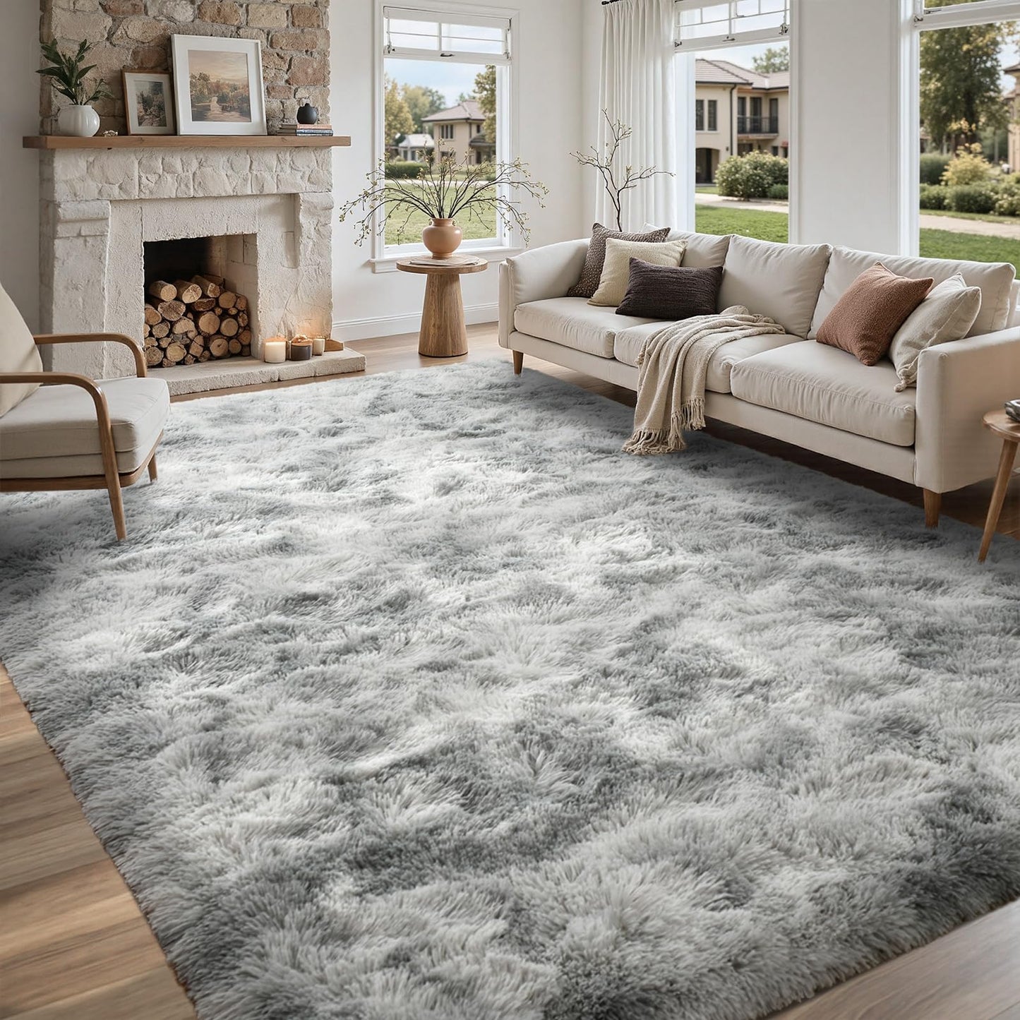 LòutiRoot Home 5x8 ft Rug for Living Room Fluffy Grey White Shag Rug Non-Slip Area Rugs Carpet for Bedroom Nursery Kids PlayRoom Dorm Office Indoor Modern Plush Carpets