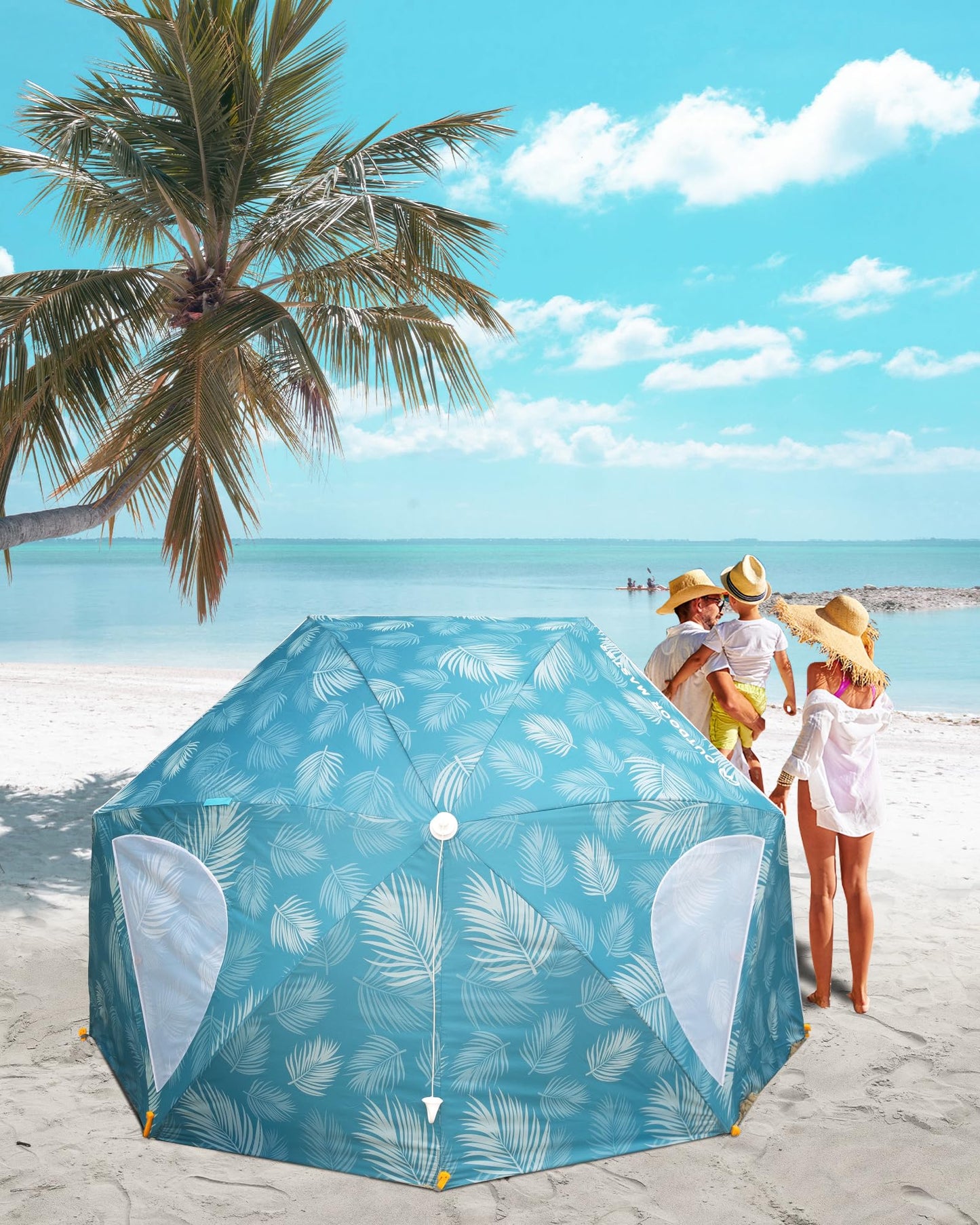 OutdoorMaster Pop Up Beach Umbrella, Portable Tent Shelter, Beach Shade Sun Canopy with UPF 50+ UV Protection, Extendable Floor with Carrying Bag - Blue Feathers