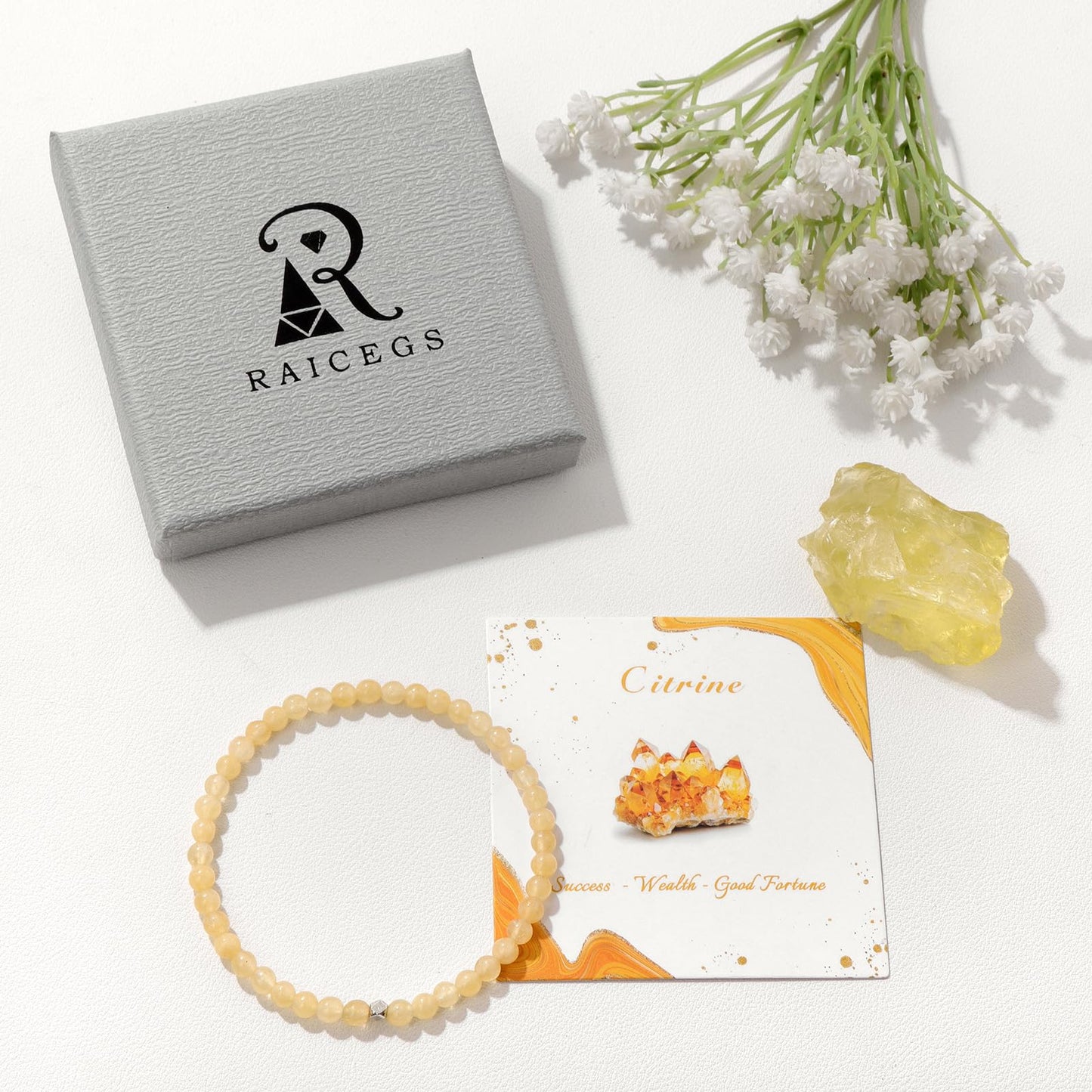 Raicegs 4MM Citrine Beaded Bracelets Healing Crystal Bracelet for Women Men Natural Stone Handmade Stretch Bracelet Reiki Spiritual Jewelry
