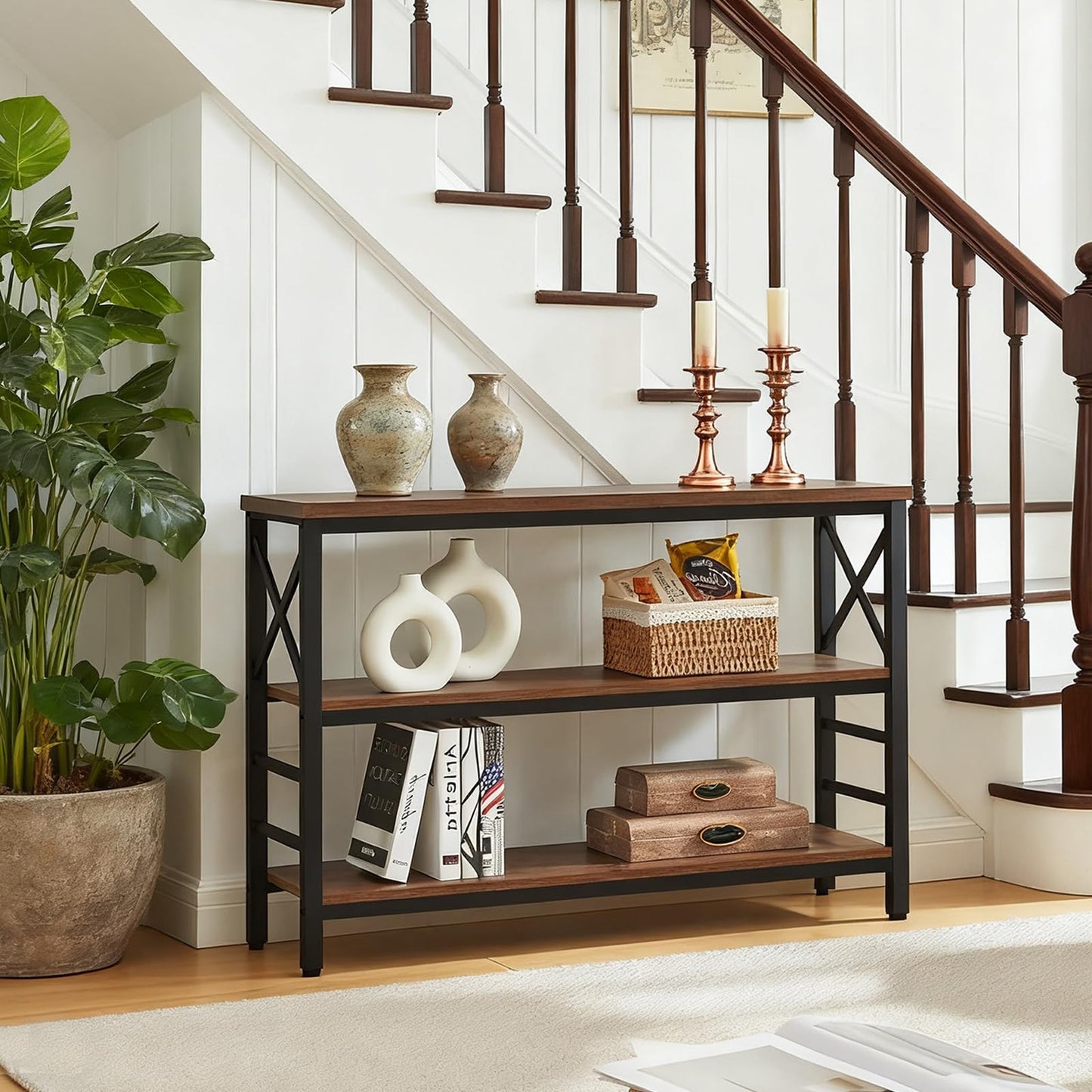 HOMBAZAAR Sofa Table,Industrial Console Table with Storage,Entryway Table with Engineered Wood and Metal,Rustic 3 Tier Shelf for Living Room,Hallway,Brown,47 Inch