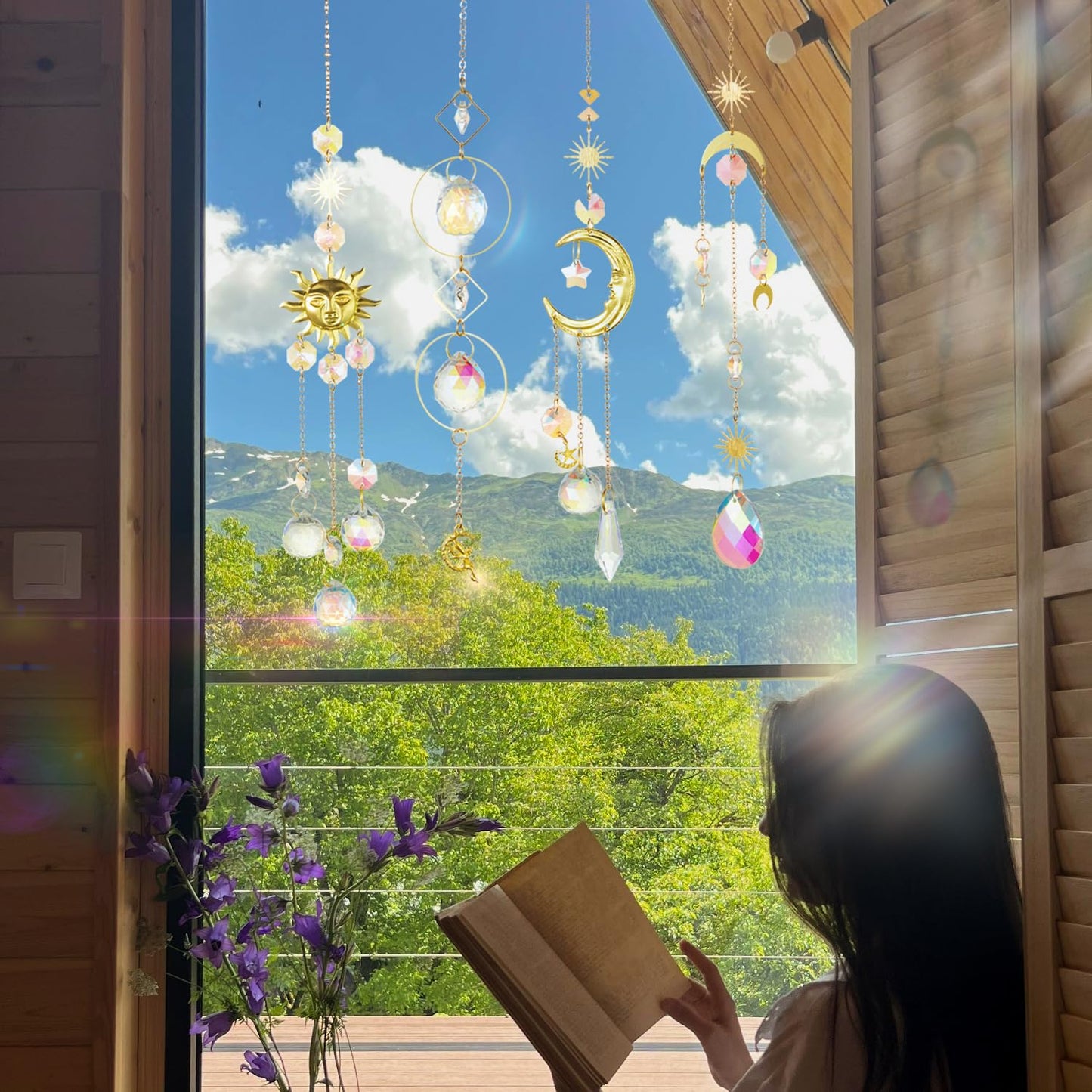 Louxiar 4PK Crystal Suncatcher for Windows Hanging Decor, Prism Sun Catcher with Chain and Hook, Rainbow Maker for Ceiling Garden Home Indoor Ornaments