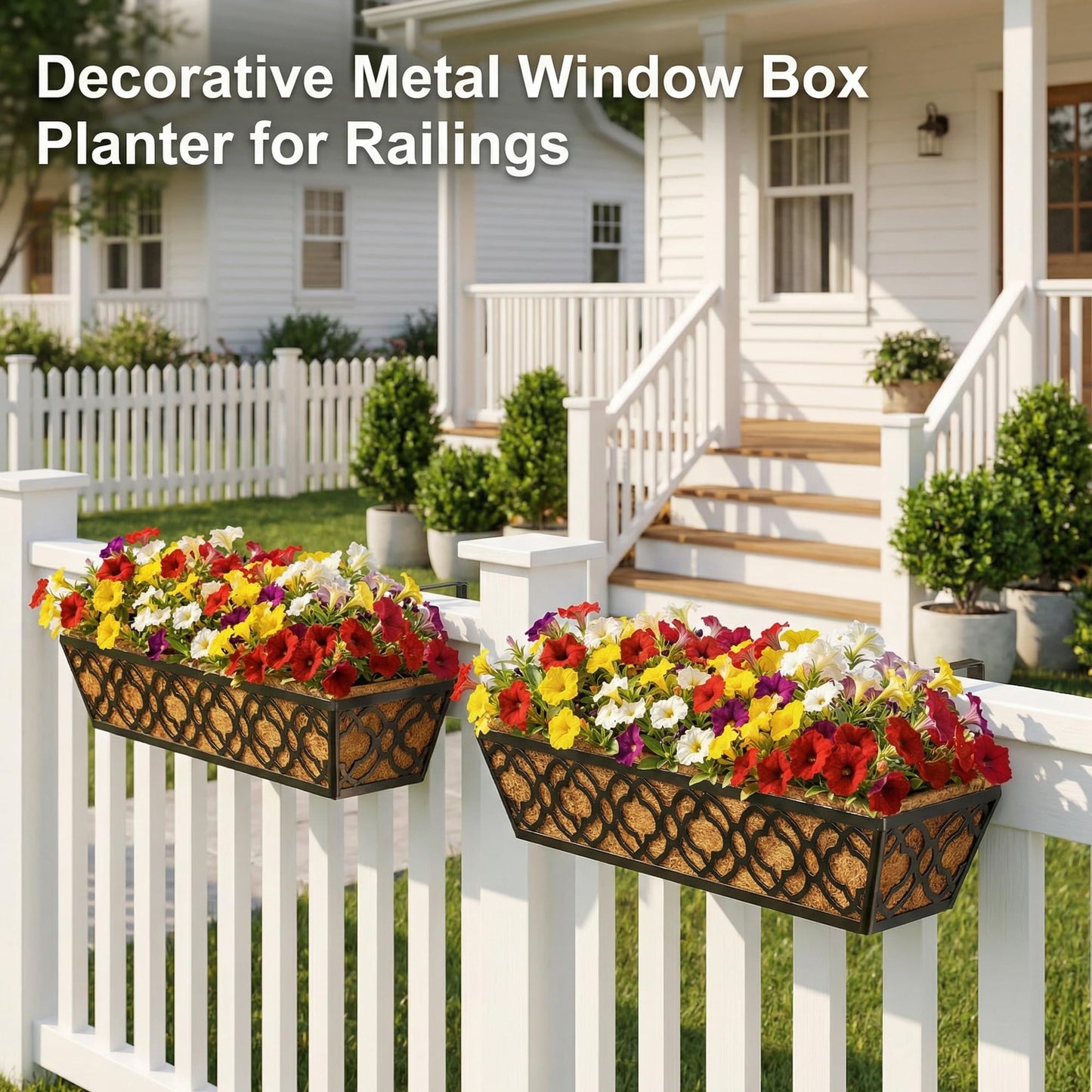 HFHOME 24 Inch Window Deck with Coco Liner, 24" Window Boxes Horse Trough with Coconut Coir Liner, Black Metal Hanging Flower Planter Basket Railing Planter for Outdoor Indoor Lawn - 2 Pack