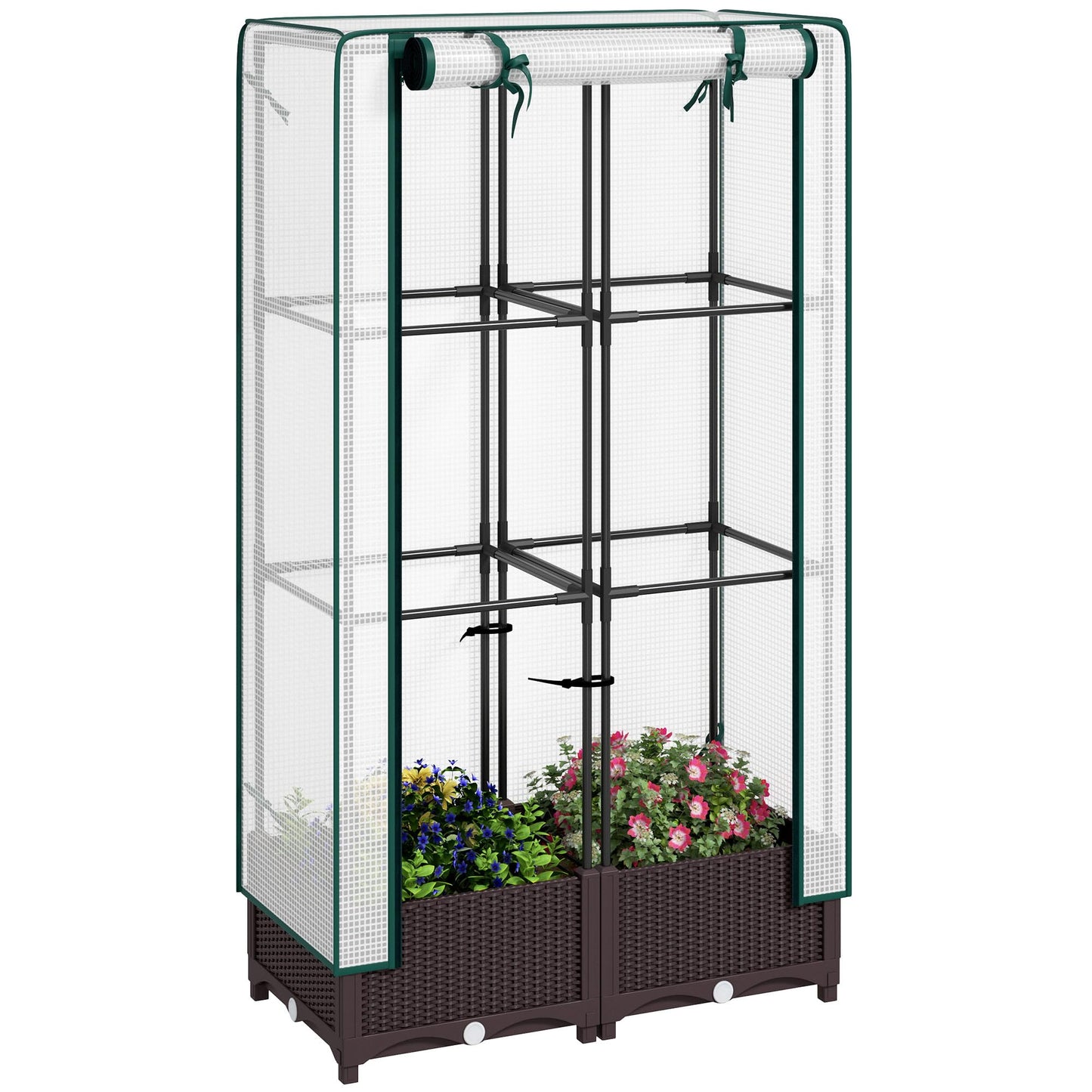 Outsunny Plastic Raised Garden Bed with Trellis, Outdoor Planter Box with PE Greenhouse Cover, Drainage Holes and Zipper Door for Climbing Plants, Herbs and Vegetables, 31.5" x 15.7" x 48.8", Brown