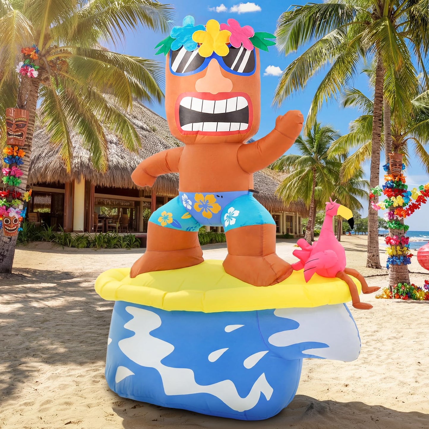 GUDELAK 5FT Flamingo Inflatable Tiki Surfboard Luau Party Decorations, Summer Inflatables Outdoor Decorations with LEDs and Blower, Tiki Blow Up Flamingo for Tropical Beach Pool Summer Yard Decor
