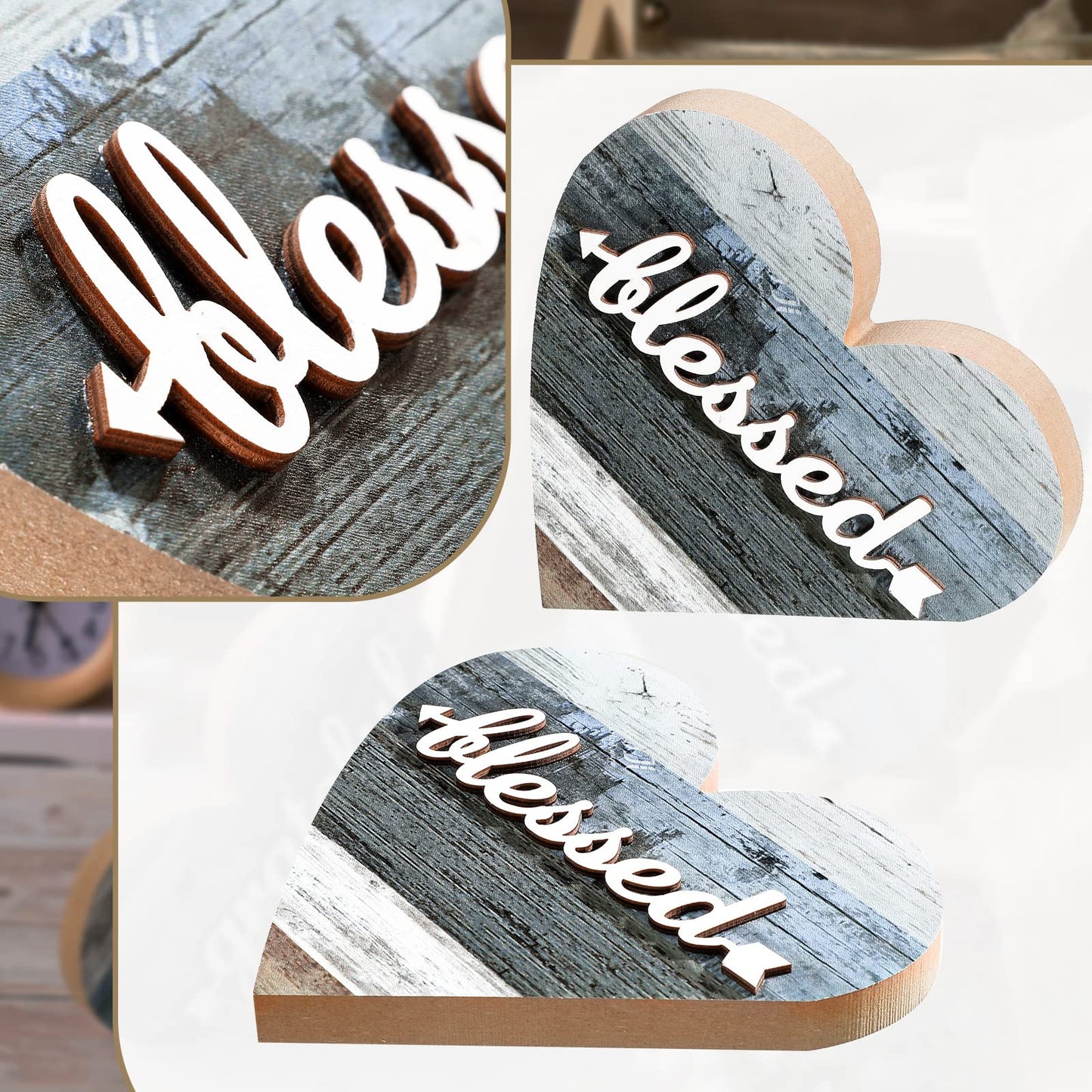 Jetec 2 Pcs Rustic Wooden Heart Table Decor, Daisy Farmhouse Home Decor, Bless This Home & Be Kind Sign for Living Room, Dining Room, Shelf & Mantel, Ideal Housewarming & Birthday Gift(Grateful Style)