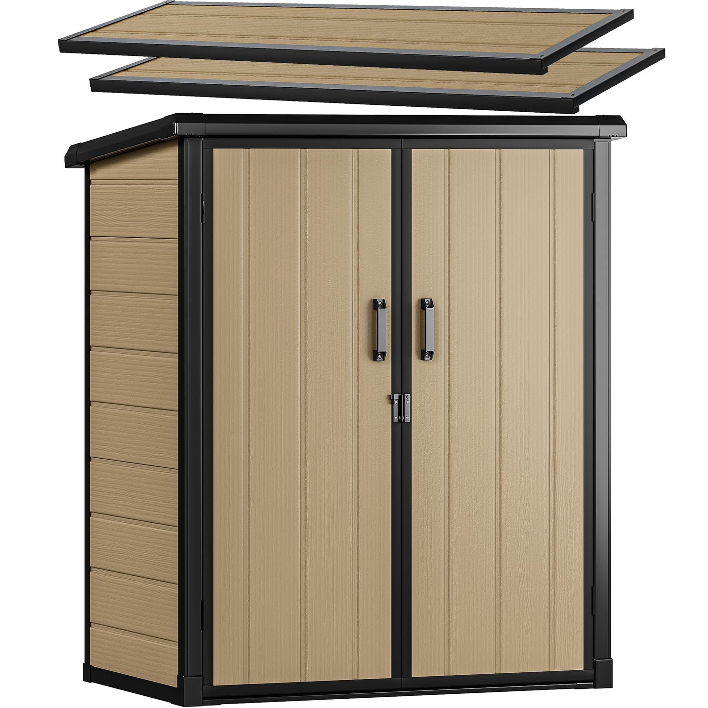 DWVO 54 cuft Outdoor Storage Shed with 2 Shelves, 4.2x2.6x5ft Vertical Tool Shed with Floor & Lockable Doors, Sturdy Double-Wall Plastic Cabinet for Garbage Cans and Garden Equipment (Brown)