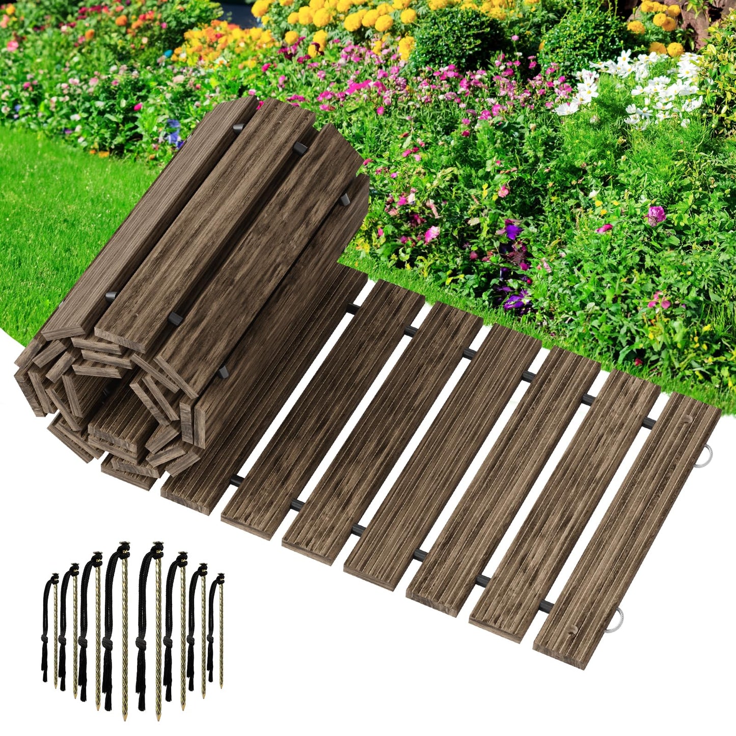 Amazer Wooden Garden Pathway Pavers for Outside,8.5FT Roll Out Straight Walkway Widened Plank Non-Slip Outdoor Patio Straight Path with 8 Stakes, Garden Lawn Boardwalk Backyard Walkway, Brown