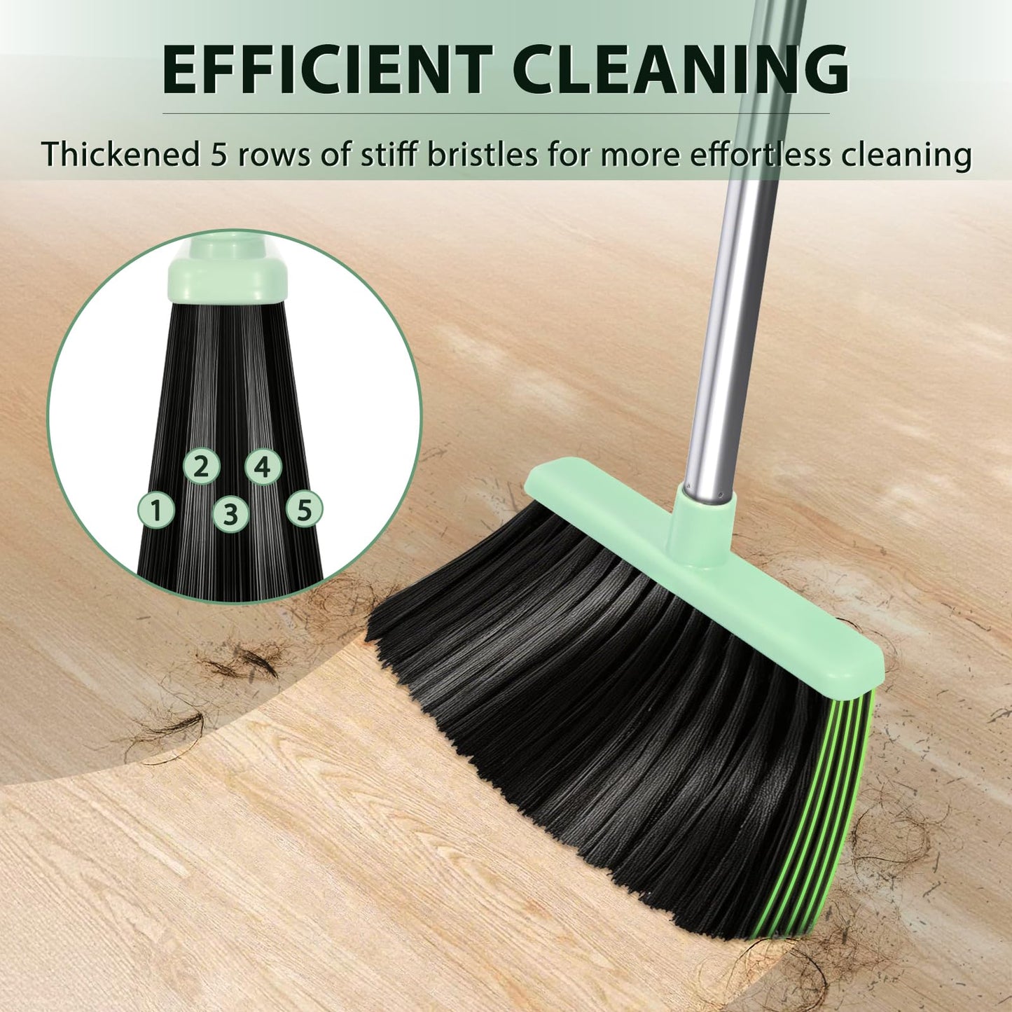 YZO Broom and Dustpan Set, 54.33 Inch Long Handle Standing Design, Dustpan Front Rubber Tight Seal, Broom with 5 Layer Bristles, Suitable for Living Room, Bedroom, Yard, Office and Apartment(Green)