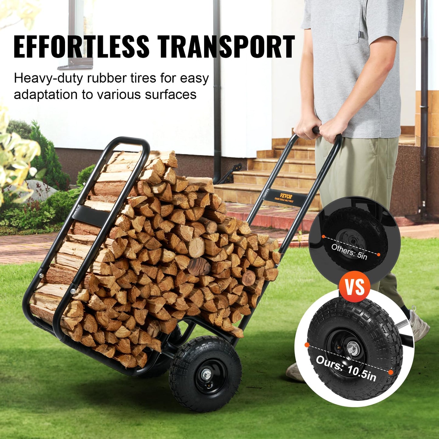 VEVOR Log Cart 250 lbs Load Capacity, Outdoor and Indoor Wood Rack Storage Mover with Pneumatic Rubber Wheels, Heavy Duty Steel Dolly Hauler, Firewood Carrier for Fireplace, Fire Pit, Black