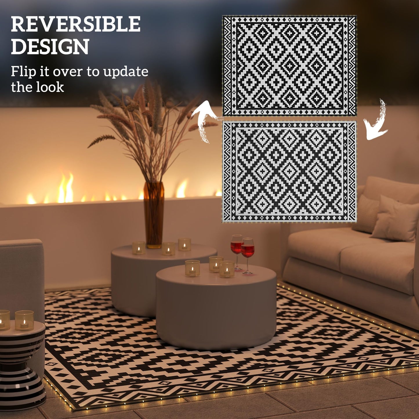 Outsunny Reversible Outdoor Rug Carpet, 12' x 9' Waterproof PP Plastic Straw Rug, Portable RV Camping Mat with LED String Lights, Floor Mat Area, Black and White