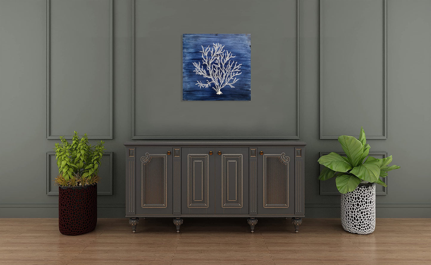 Yihui Arts Nautical Canvas Wall Art Hand Painted Navy Blue and White Coastal Painting Modern Abstract Tree Artwork for Living Room Bedroom Hall Way Decor