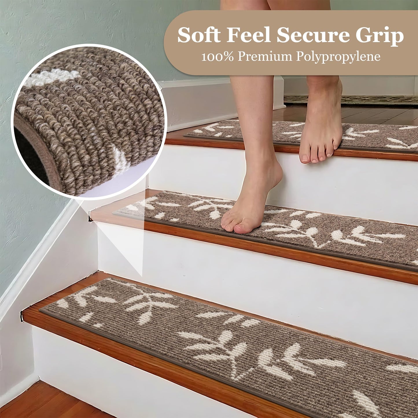 TANVILL Stair Treads for Wooden Steps Non Slip Stair Carpet, 4 Pack Stair Runners Indoor Stair Rugs for Elders and Pets Reusable Staircase Step Treads Covers, 30x8 Inches, Brown