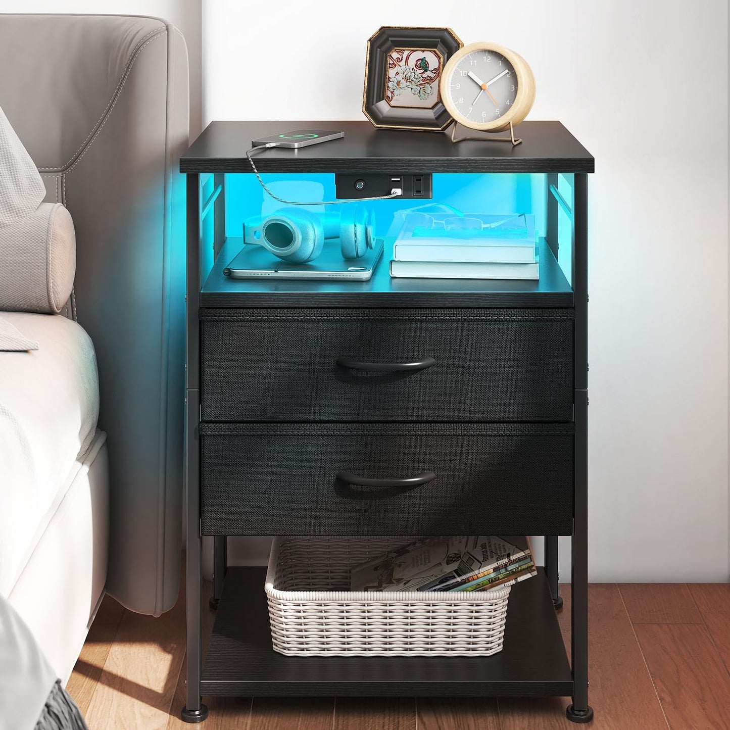 AODK Nightstand with Charging Station & LED Lights, 27.6" Tall Bedside Table with 4-Tier Storage, 2 Fabric Drawers & 2 Open Shelves, Space-Saving End Table for Bedroom, Black