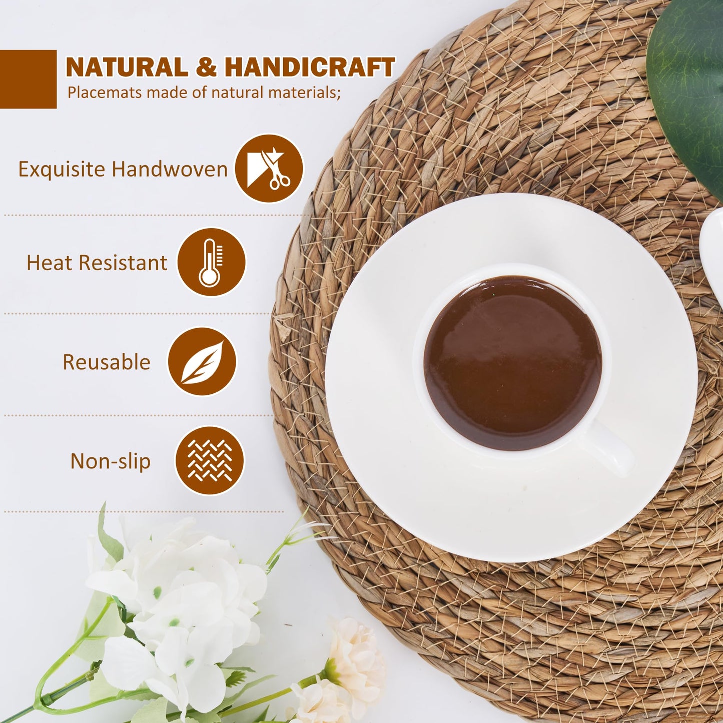 Defined Deco Woven Placemats Set of 10,12" Round Rattan Placemats,Natural Hand-Woven Water Hyacinth Placemats,Farmhouse Weave Place Mats,Rustic Braided Wicker Table Mats for Dining Table,Home,Wedding.