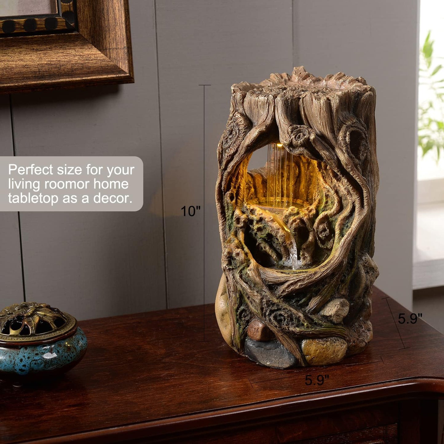 Kalona Tabletop Fountains Beautiful Stump Water Fountain Relaxation Raindrop Fountains Meditation Desk Fountain Artistic Waterfall Fountains Home/Office Decor(22013)