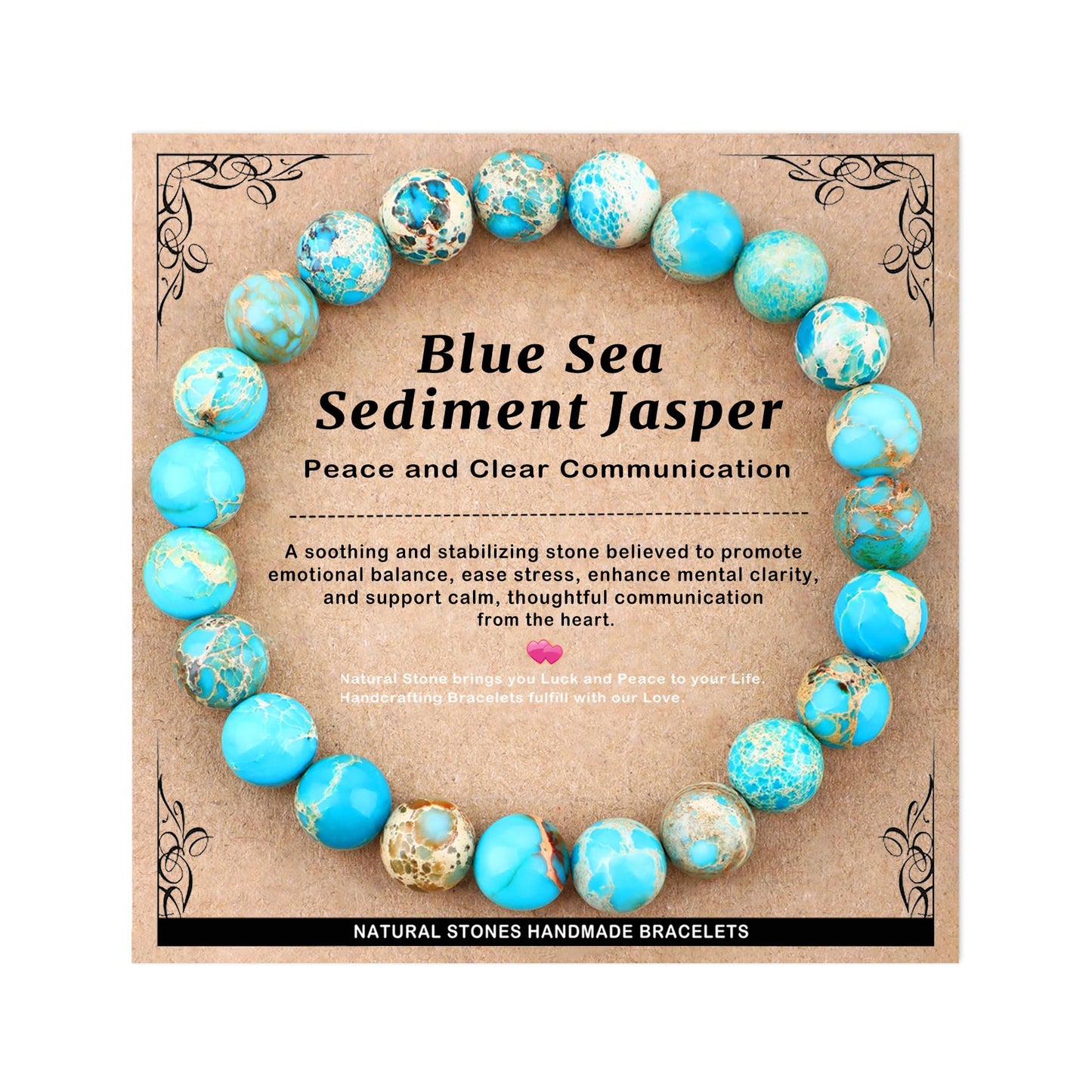 AD Beads 8mm Handmade Blue Sea Sediment Imperial Jasper Elastic Bracelet – Natural Gemstone for Joy & Positivity – Meditation, Yoga, Healing and Energy Gift for Men Women