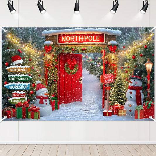 Lecheme Christmas Backdrop for Photography North Pole Santa's House Banner Snowy Forest Red Barn Door Christmas Banner Xmas Holiday Family Photo Background Party Decorations