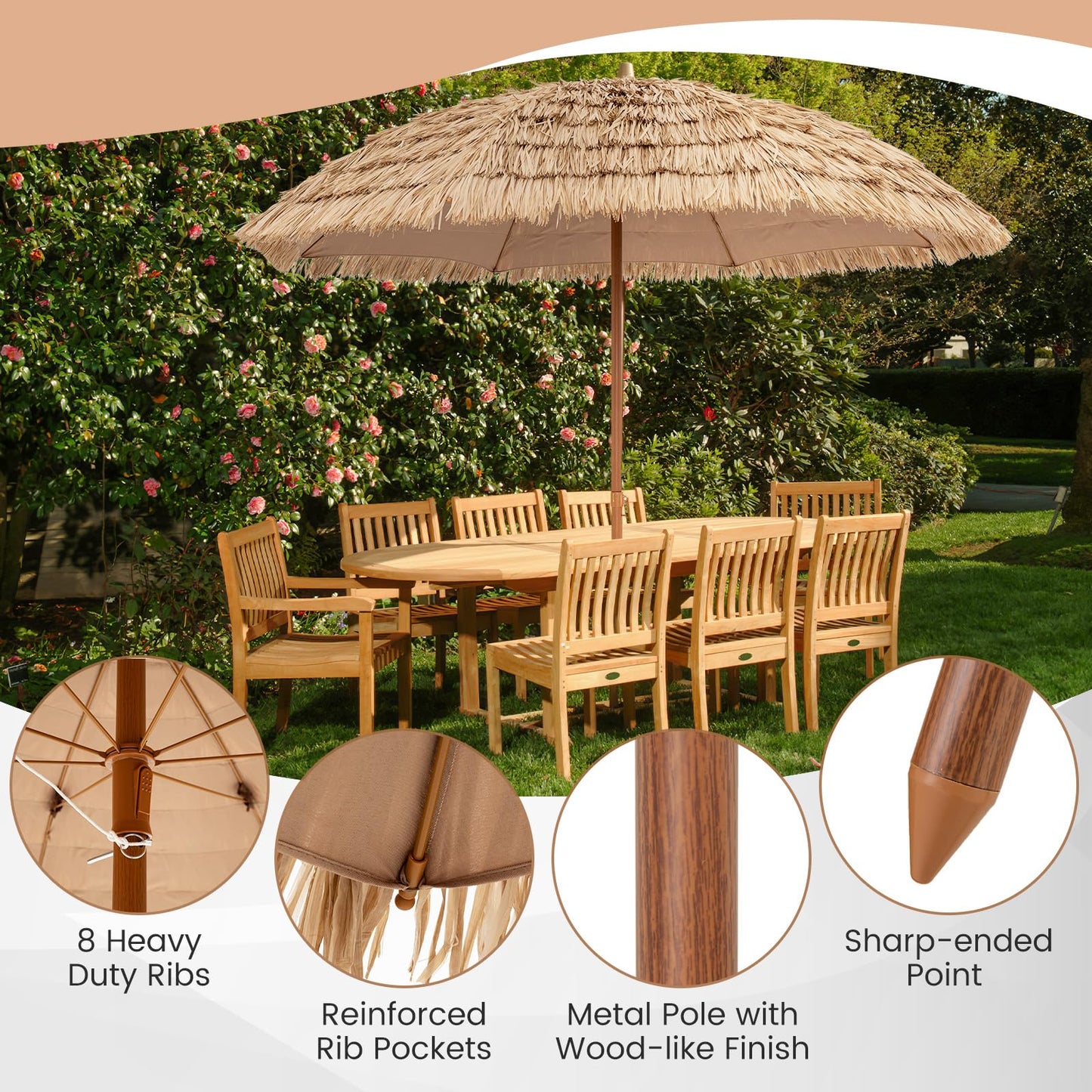 Tangkula 8Ft Tiki Patio Umbrella, UPF50+ Hawaiian Style Outdoor PE Grass Umbrella with 8 Ribs, Portable Thatched Beach Umbrella for Garden, Yard, Poolside