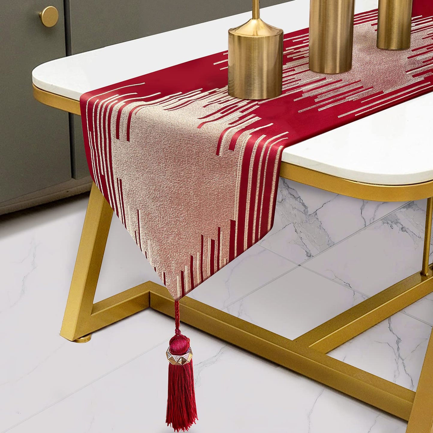 Fullony Luxury Christmas Red Table Runner 72 Inches Long Abstract Geometry Embroidery Pattern with Handmade Tassels Thick Fabric for Home Living Room Bedroom Dinner Room Art Decor Christmas
