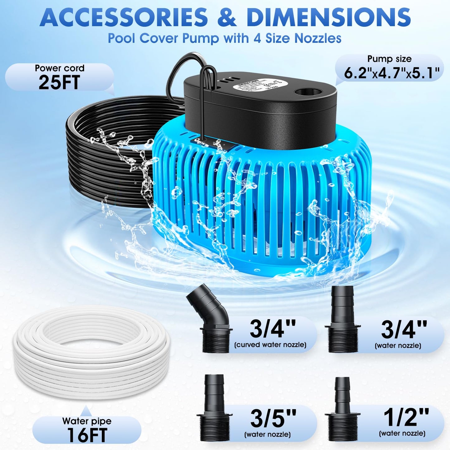 Pool Cover Pump Above Ground, Automatic Water Sensor, Sump Pump for Pool Draining, Pool Cover Water Removal 4 Adapters, 16ft Hose & 25ft Power Cord, 850 GPH (Blue)