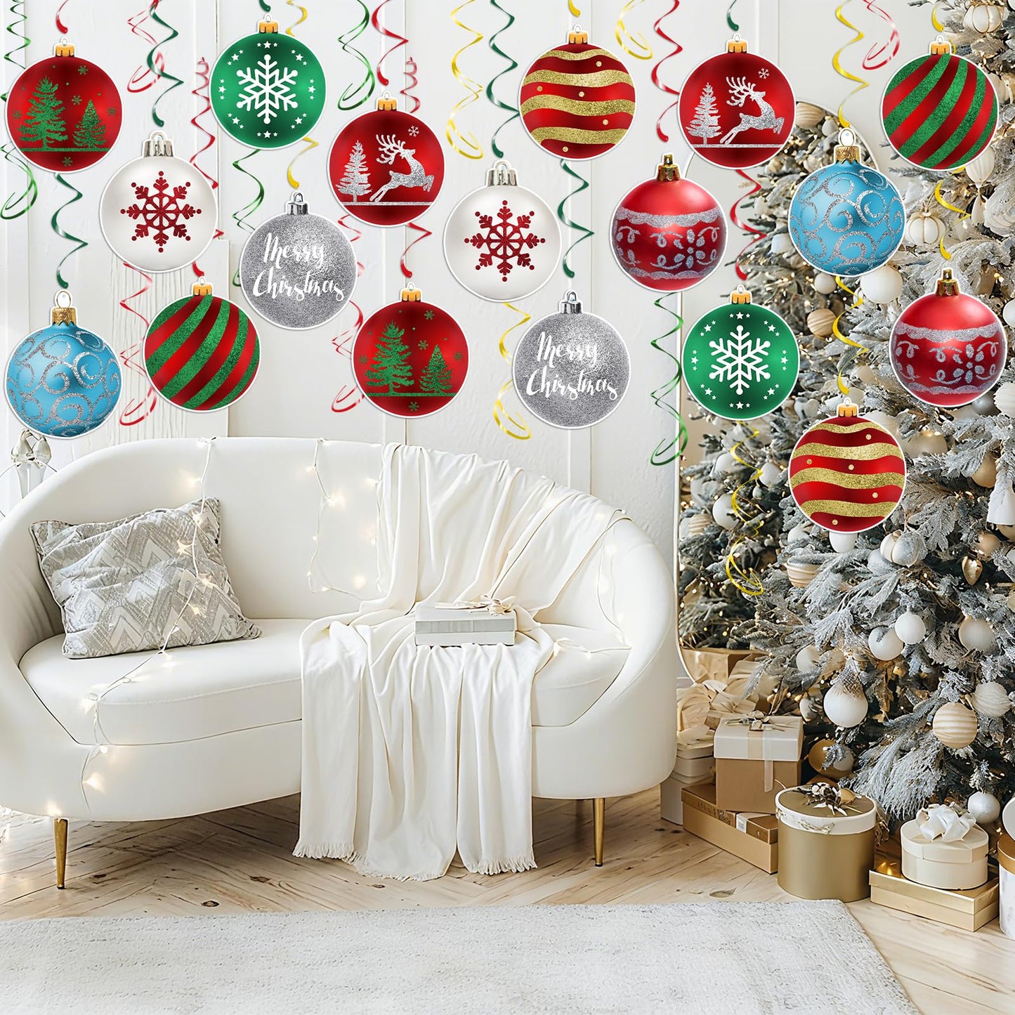 Christmas Hanging Swirl Decorations - 30 Pcs Christmas Ball Hanging Foil Swirl Xmas Tree Snowflake Elk Ceiling Decor for Xmas Holiday Party Supplies