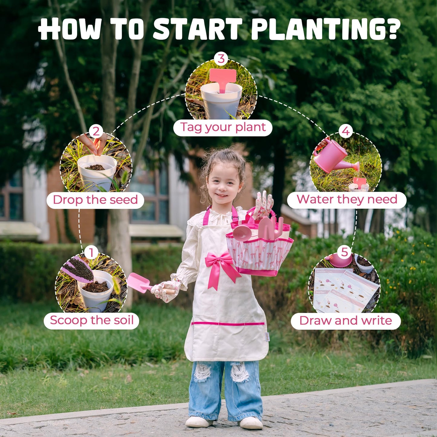 ROBUD Kids Gardening Set 18 PCS Bow Theme Garden Tools for Kids with Storage Bag, Apron, Waterproof Gloves, and Planting Cards – Educational Outdoor STEM Gardening Toy Gift for Girls and Toddlers