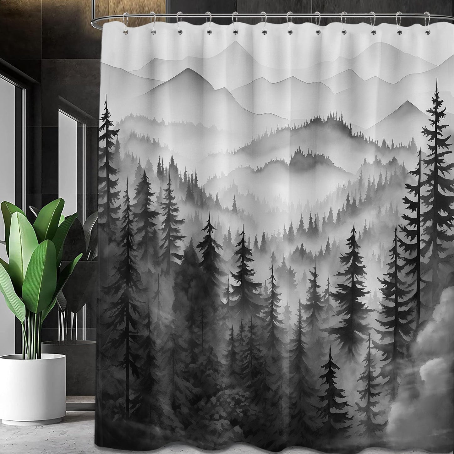 QGHOT Mountain Shower Curtain Black and White Forest Nature Shower Curtains for Mens Bathroom Charcoal Grey Rustic Woodland Pine Tree Cool Bath Decor Sets, Waterproof Fabric with Hooks, 70x72in