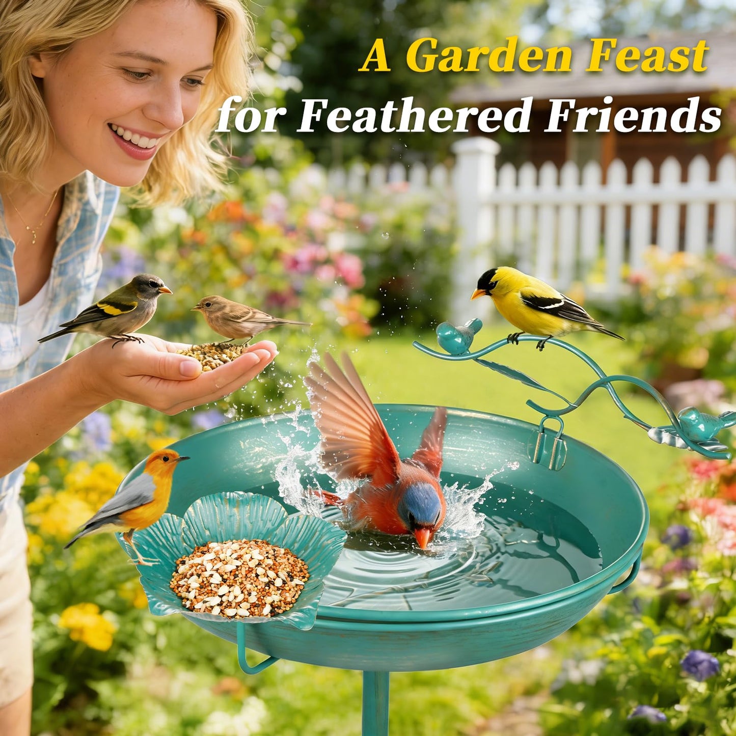 Mellbree Bird Bath for Outside, 12" Dia 39" H Lake Blue with Gold Gilding Metal birdbath for Outdoors, Freestanding with Perch & Feeder Bowl, Multi-Functional for Garden Patio Yard Lawn Outdoor Decor