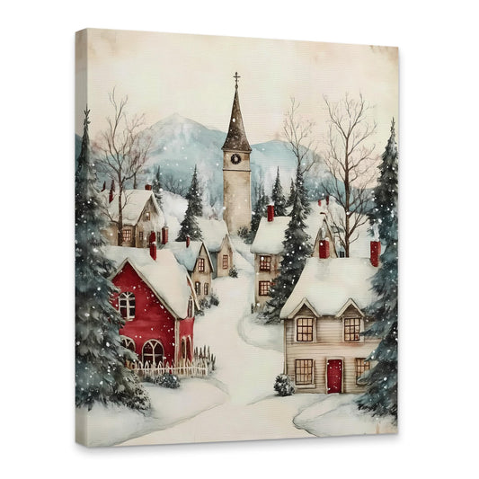 KSDUT Vintage Winter Canvas Wall Art Decor - Retro Winter Country Xmas Artwork Canvas Frame Hanging Prints, Rustic Landscape Town Christmas Wall Decor for Home Farmhouse Bedroom Decorations 11"x14"